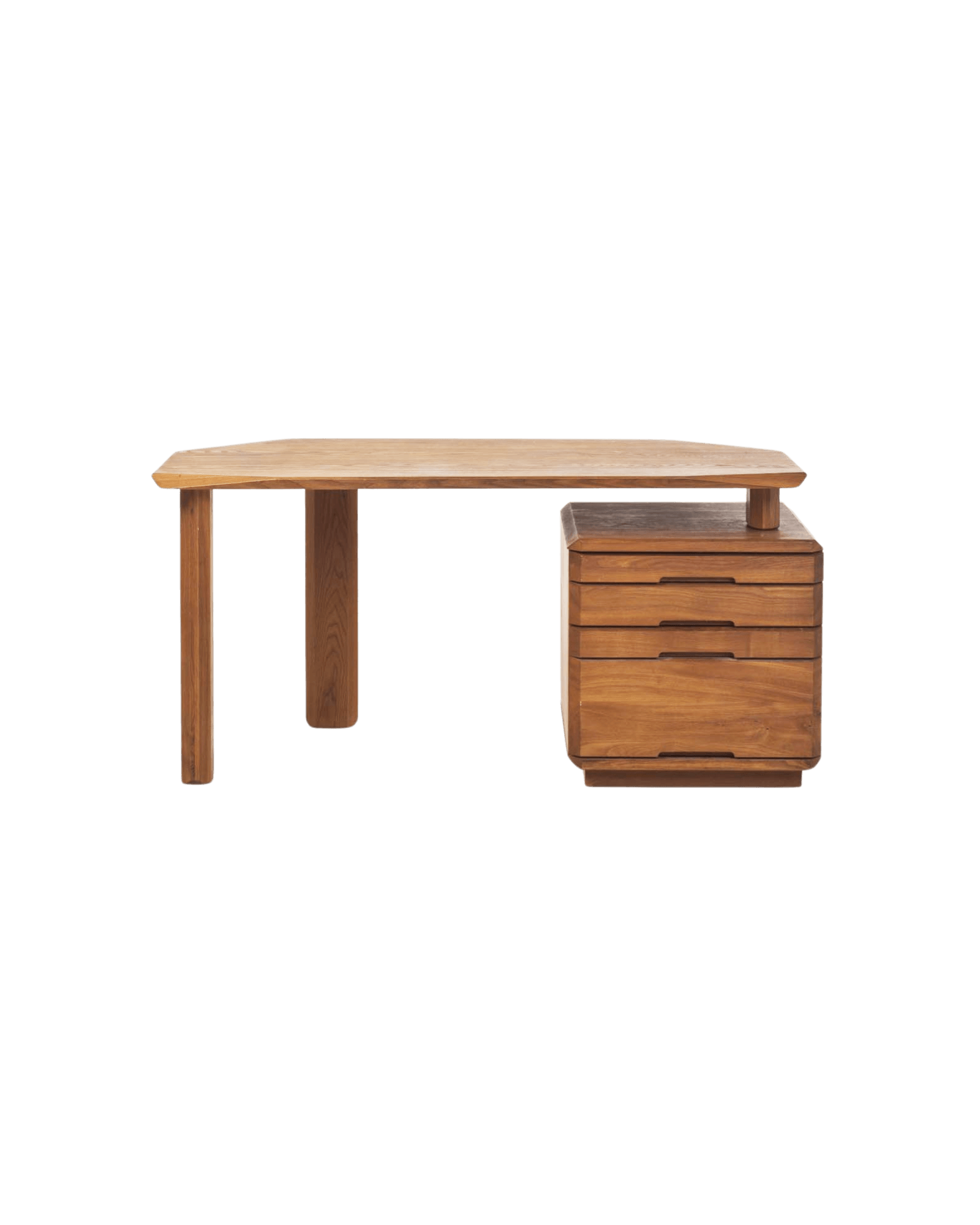 Pierre Chapo B40 desk and storage, solid oak top on cylindrical legs with floating three-drawer cabinet, by Chapo Création