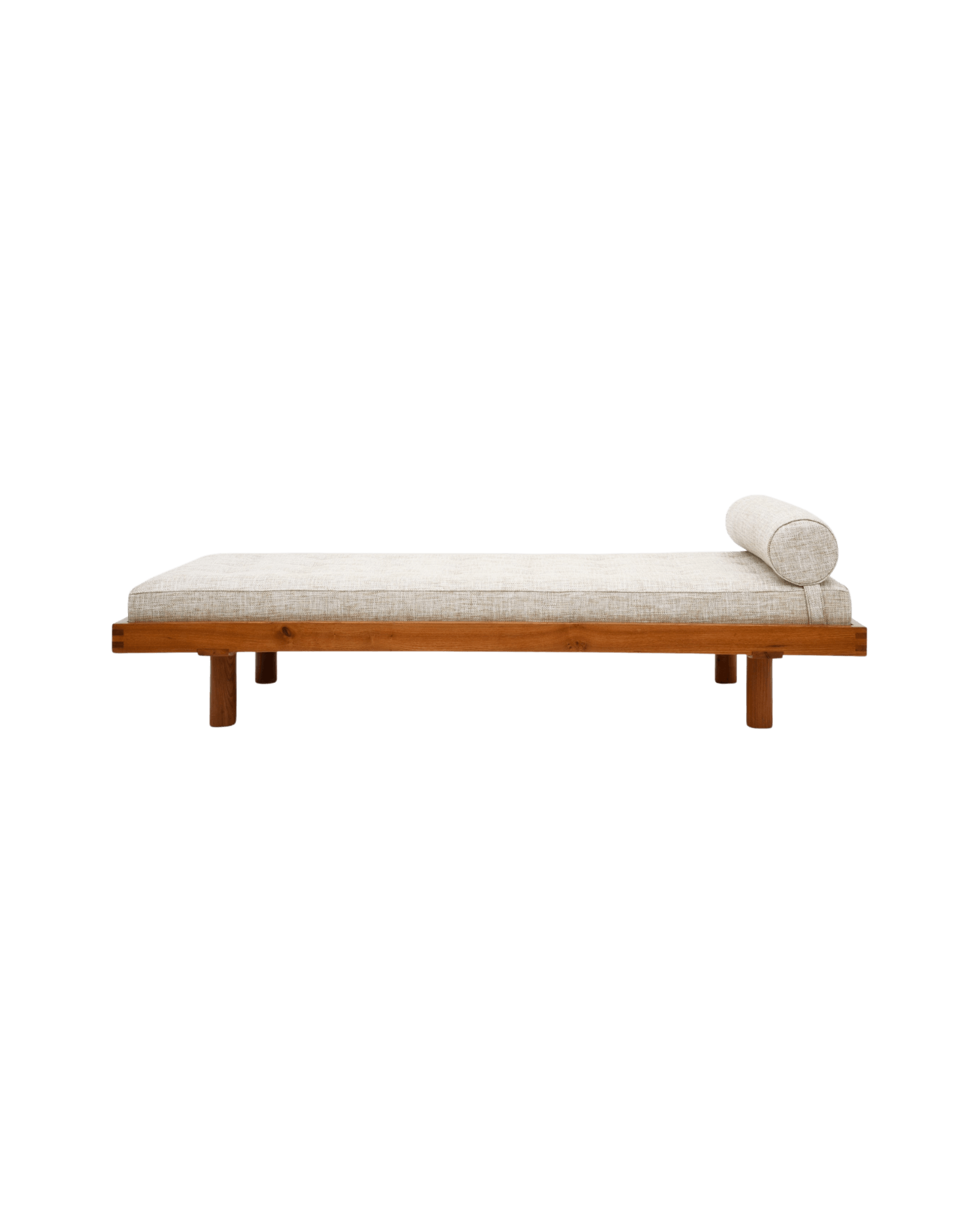 Pierre Chapo L01 Godot daybed, low oak frame with natural linen cushion and cylindrical bolster, by Chapo Création