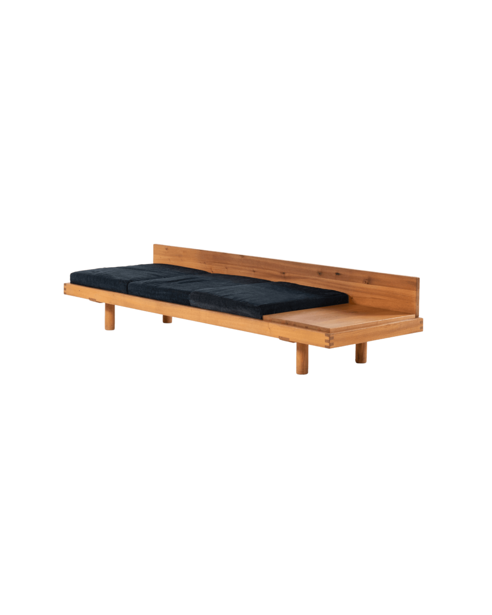 Pierre Chapo L09 bench, solid oak frame with three dark cushions and integrated side table, Chapo Création