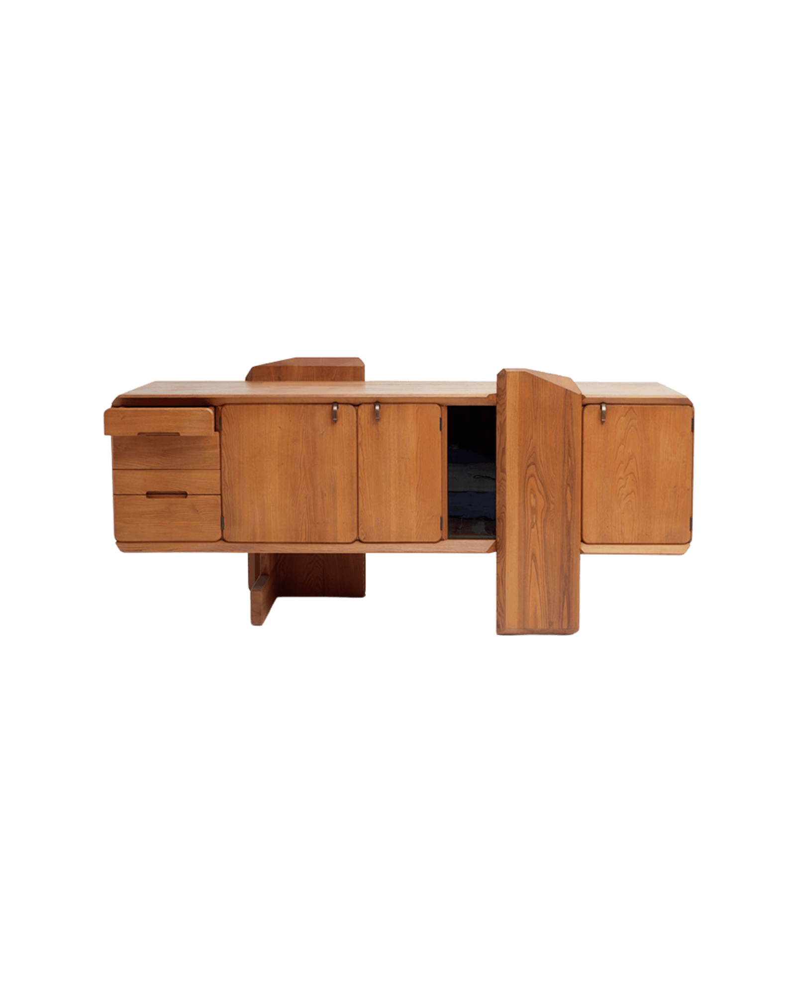 Pierre Chapo R28 biped sideboard, long low solid oak with asymmetric storage and raised wood element, Chapo Création