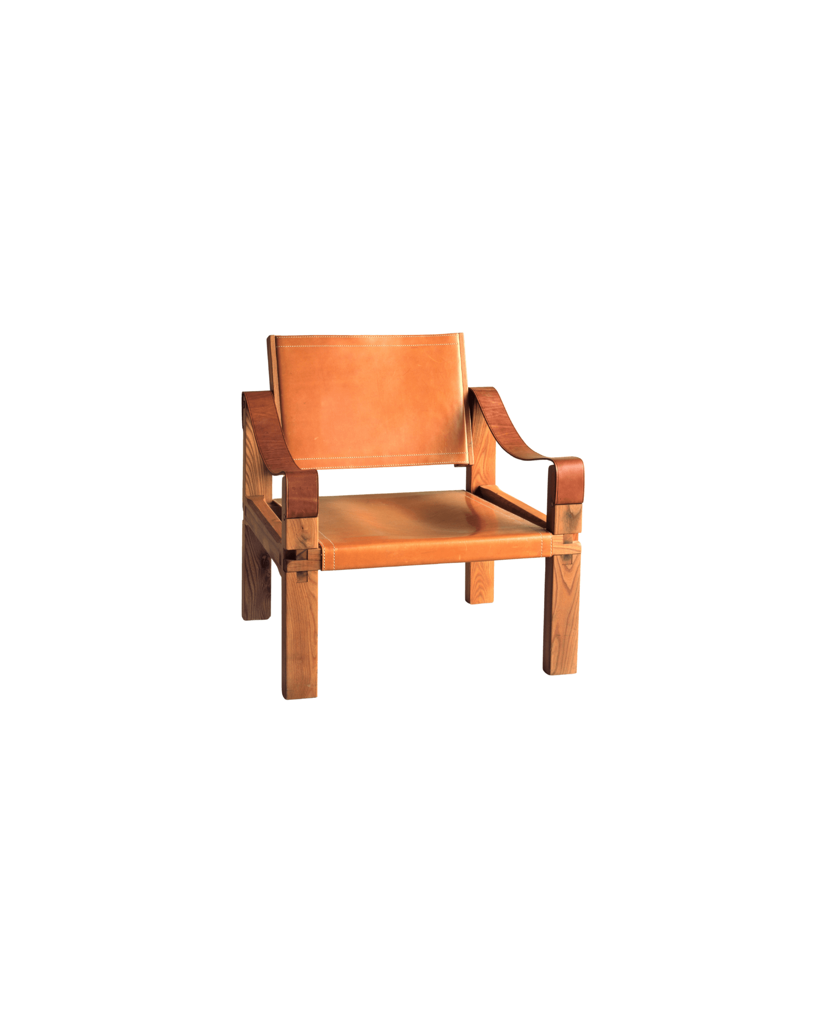 Pierre Chapo S10 Sahara armchair, tan stretched leather on solid oak frame with visible joinery, by Chapo Création