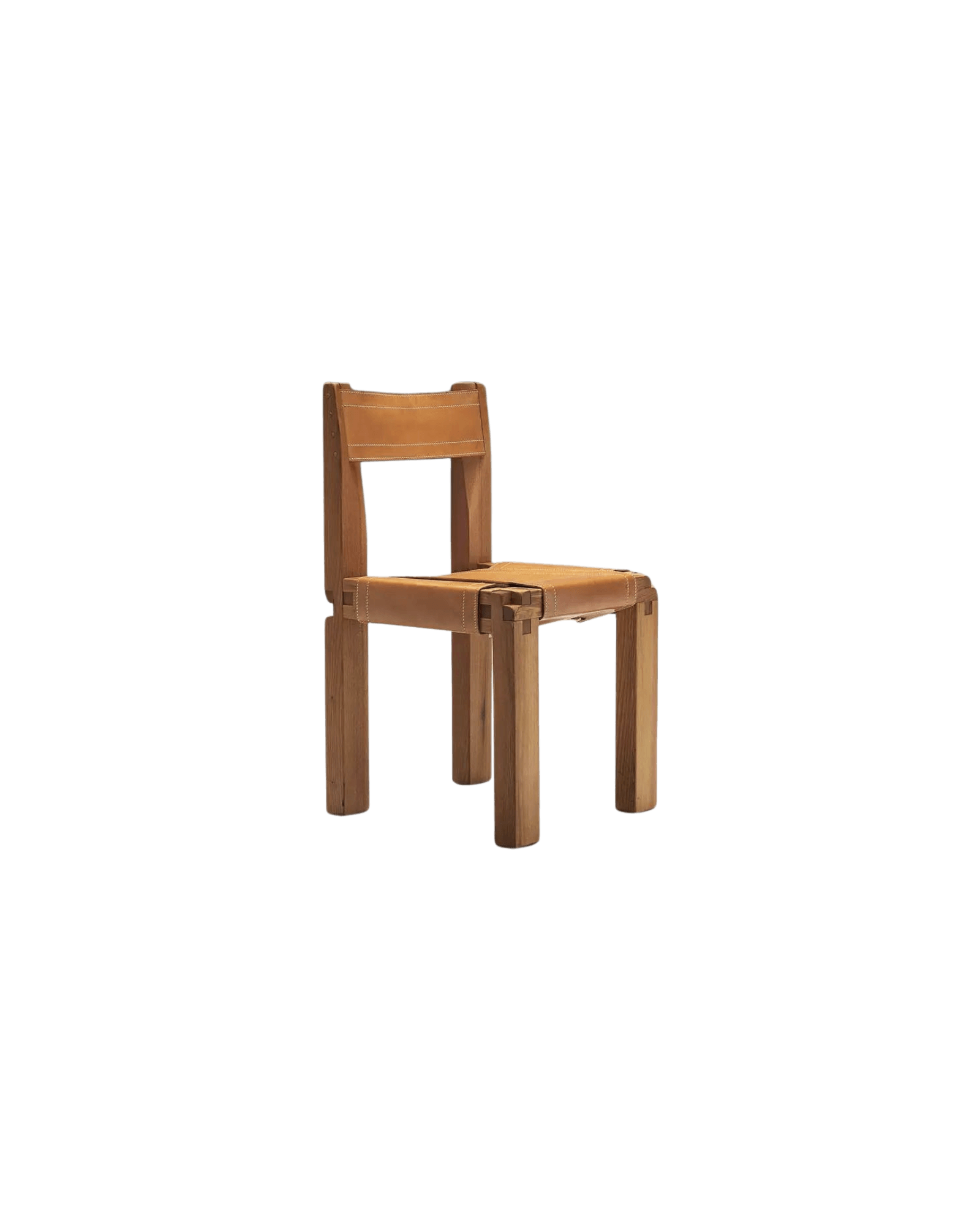 Pierre Chapo S11 stretched leather chair, tan leather on solid oak frame with blocky exposed joinery, by Chapo Création