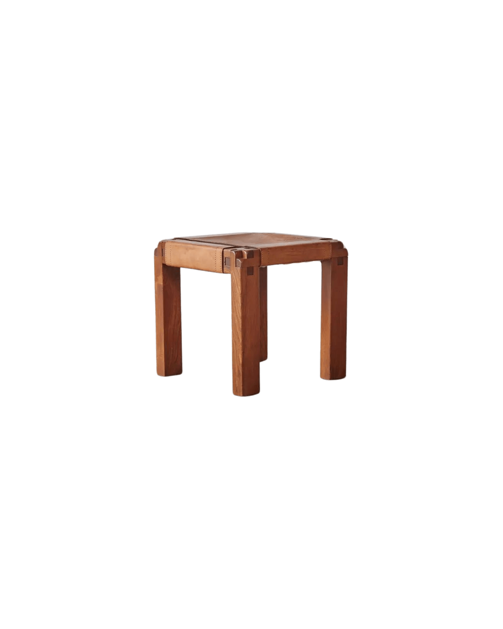Pierre Chapo S12 leather stool, square oak with tan leather top and saddle-stitched corner straps, by Chapo Création