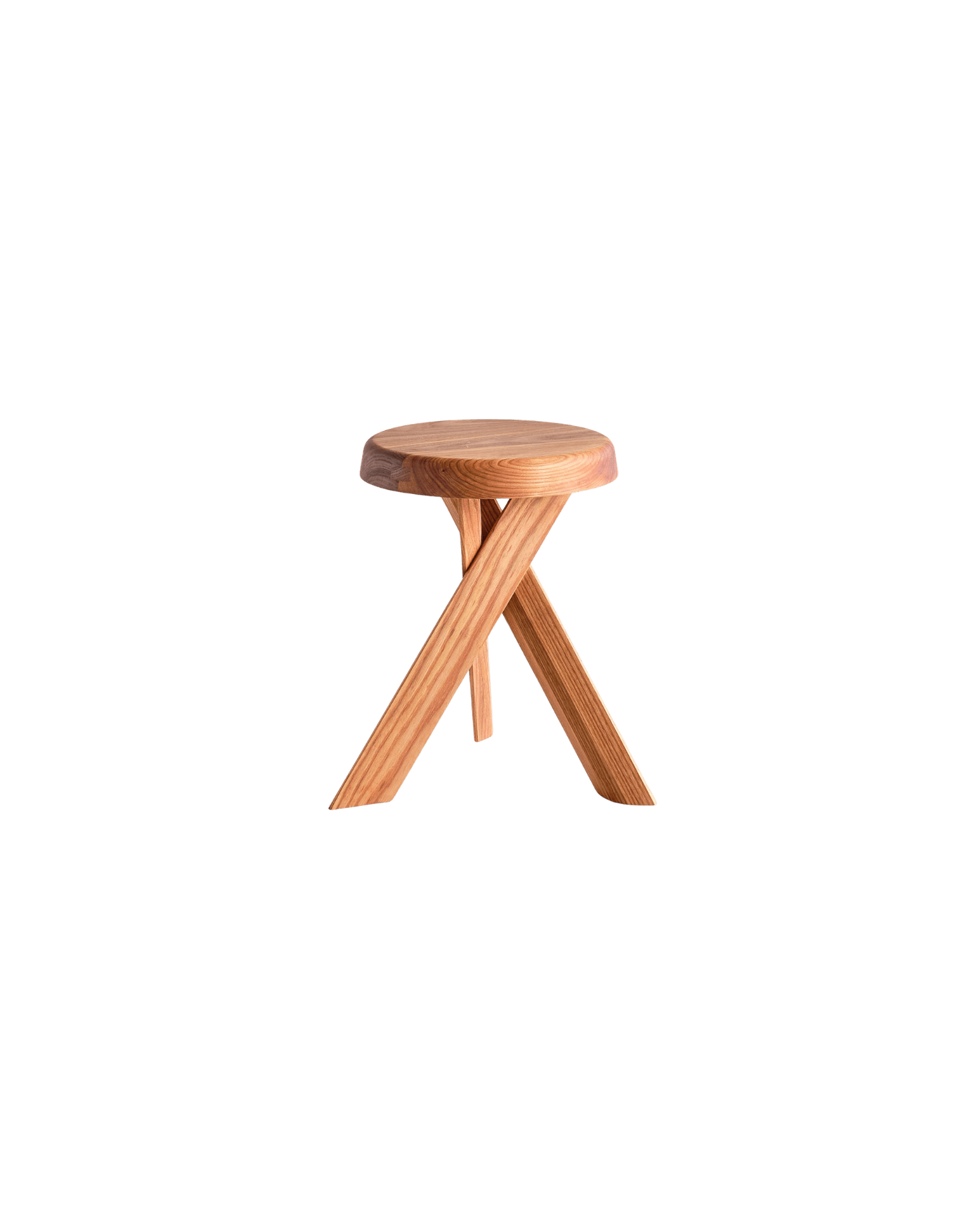 Pierre Chapo S31 stool, round thick solid oak seat on three crossed flat wood planks tripod base, Chapo Création