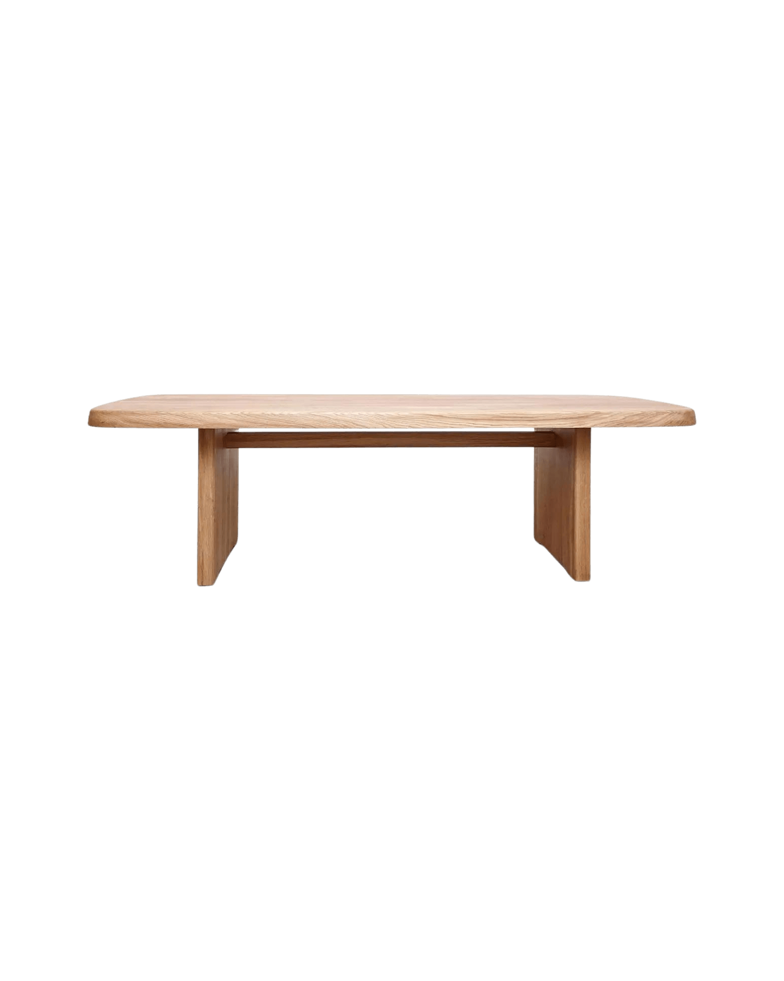 Pierre Chapo T20 curved low table, thick solid oak top with rounded corners on two inset flat panel legs, Chapo Création
