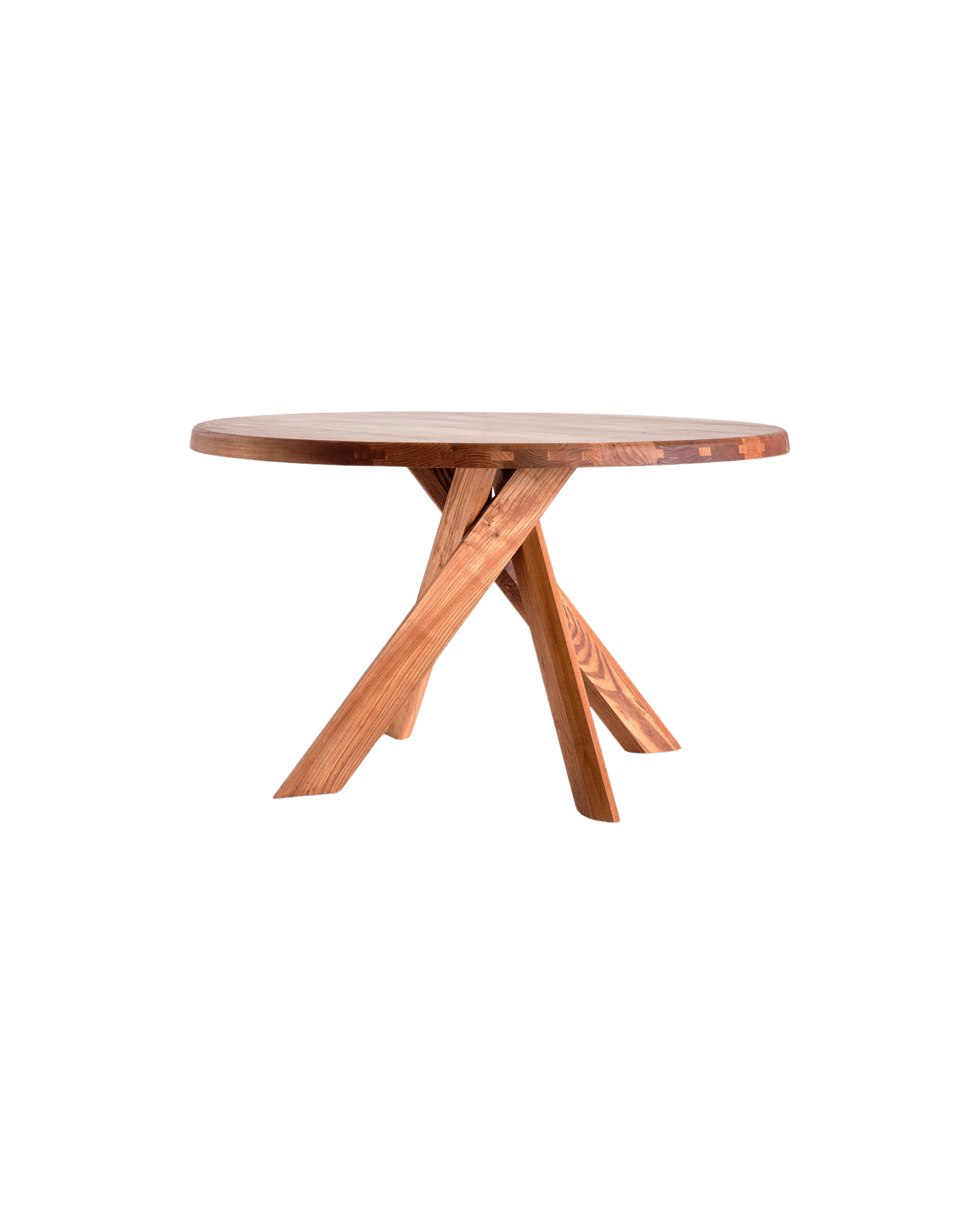 Pierre Chapo T21 round oak table with finger-jointed edge and criss-crossing sculptural leg base, by Chapo Création