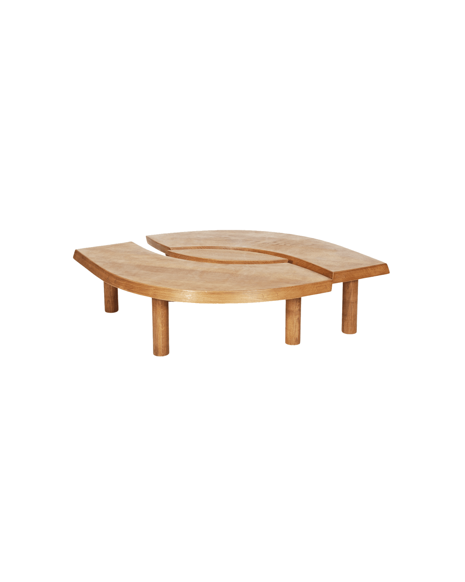 Pierre Chapo T22 low bow table, two curved oak segments with eye-shaped void on cylindrical legs, Chapo Création