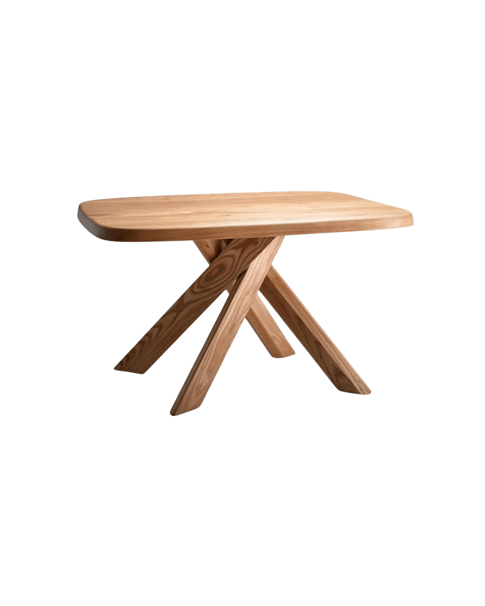 Pierre Chapo T35 Aban table, rectangular oak top with rounded corners on X-shaped sculptural wood base, by Chapo Création