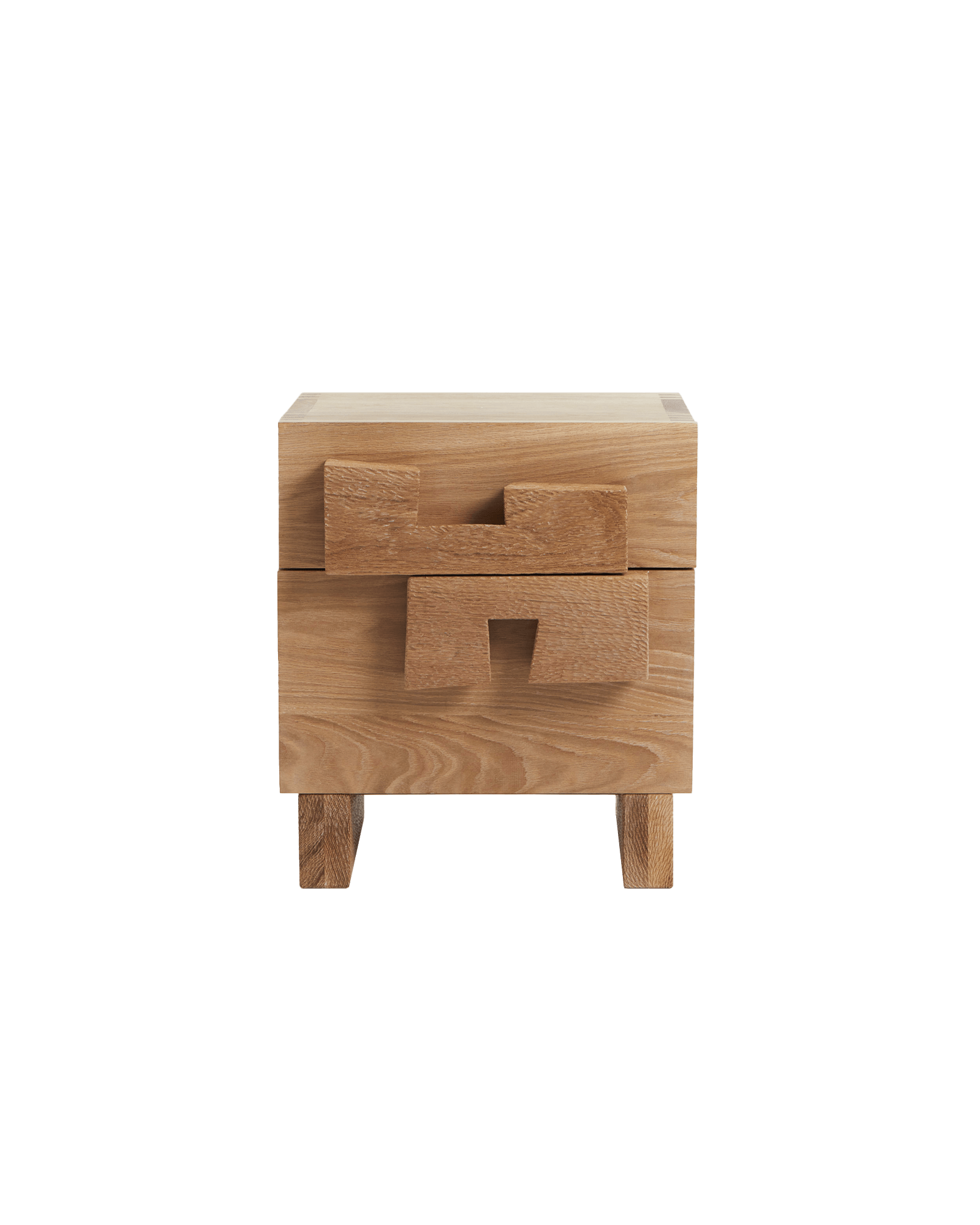 Douro Bedside Table by Project 213A - solid oak, two drawers with geometric interlocking carved handles and block legs
