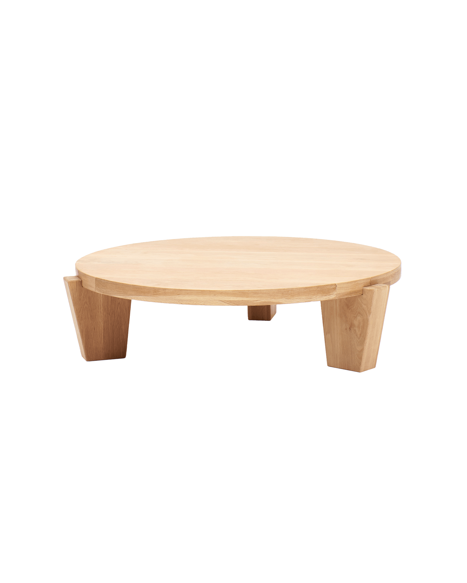 Peniche Coffee Table by Project 213A - oak circular coffee table, three tapered outward-splaying legs