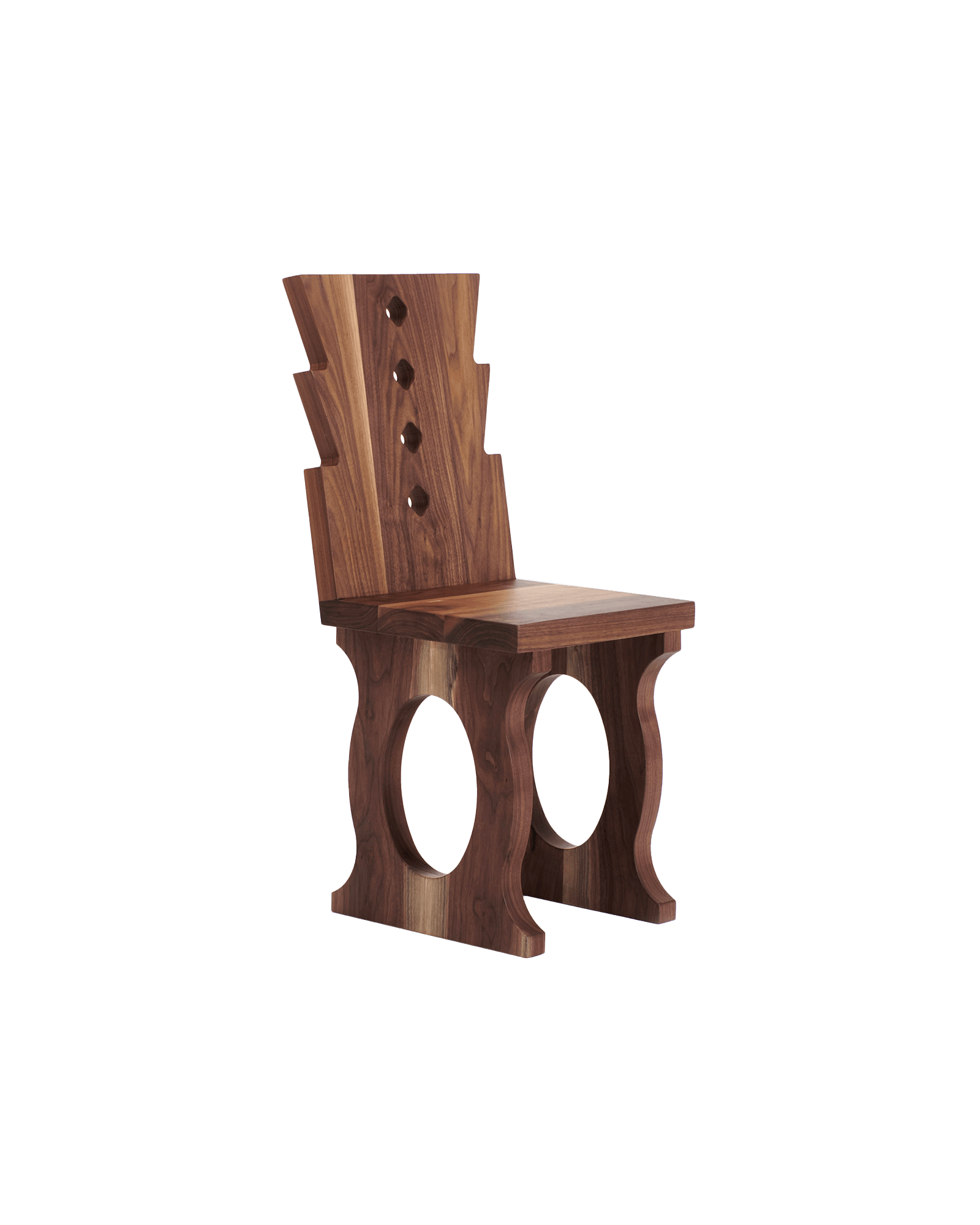 Porto Chair No1 by Project 213A - solid walnut, circular cutout backrest, arched legs with oval cutouts