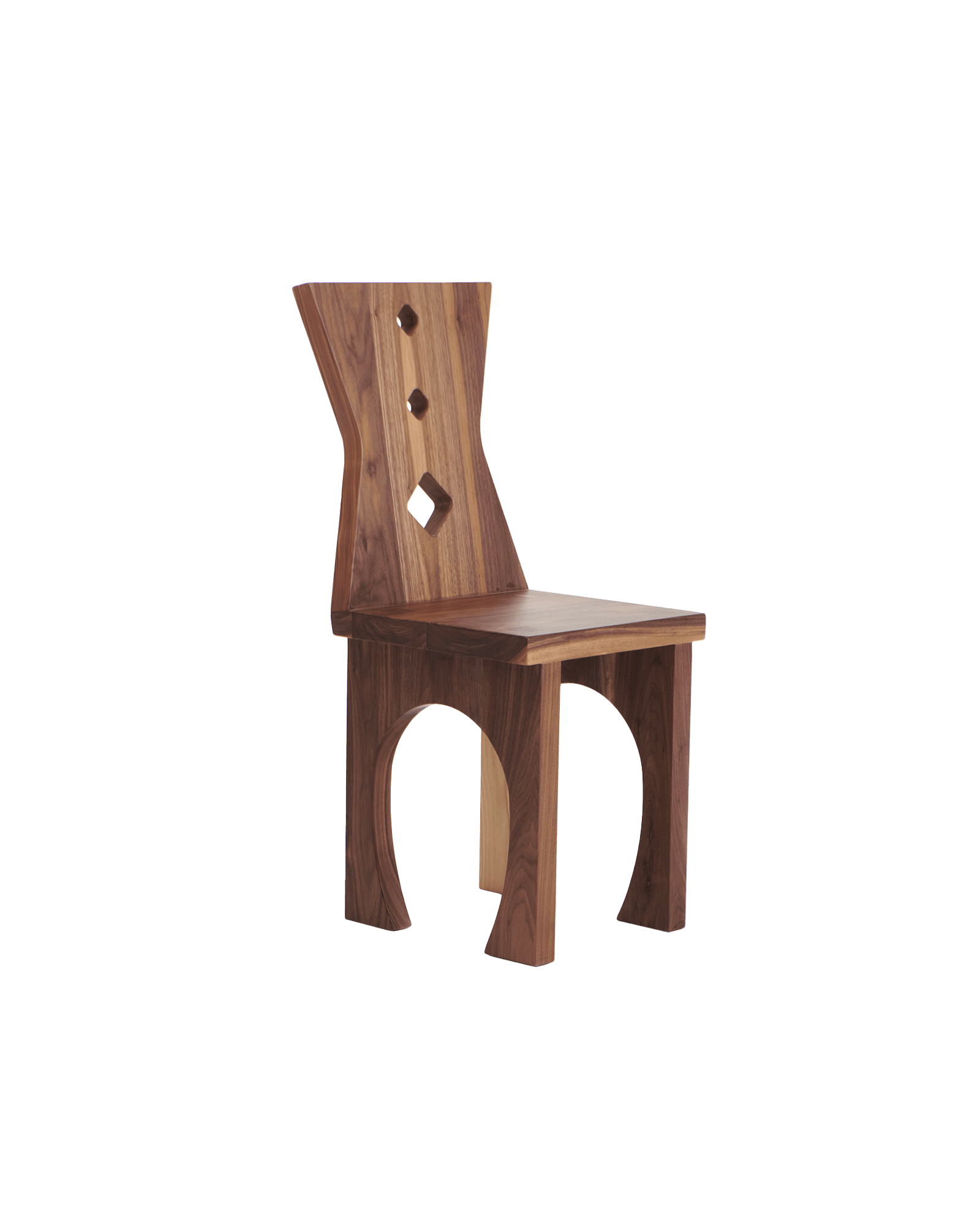Porto Chair No2 by Project 213A - walnut chair, backrest with diamond and circular cutouts, arched leg openings