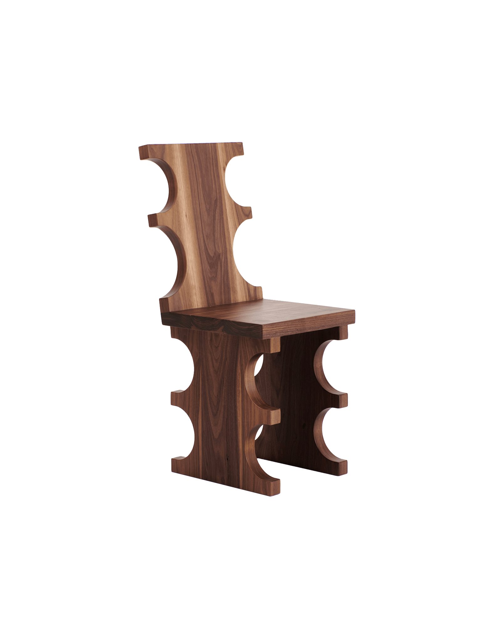 Porto Chair No7 by Project 213A - dark solid walnut, scalloped cutouts on backrest, seat sides, and base