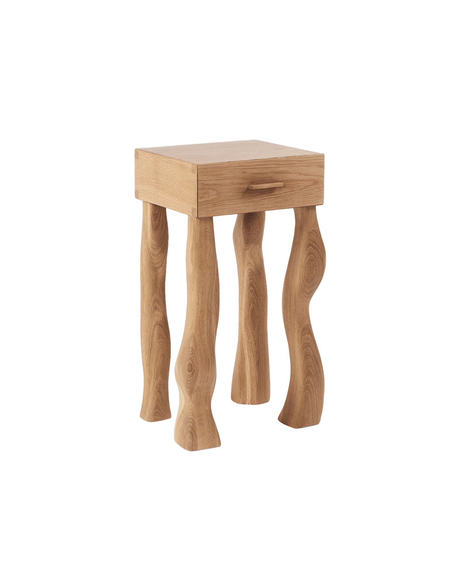 Side Table by Project 213A - light solid oak, single drawer, four individually carved organic wavy legs