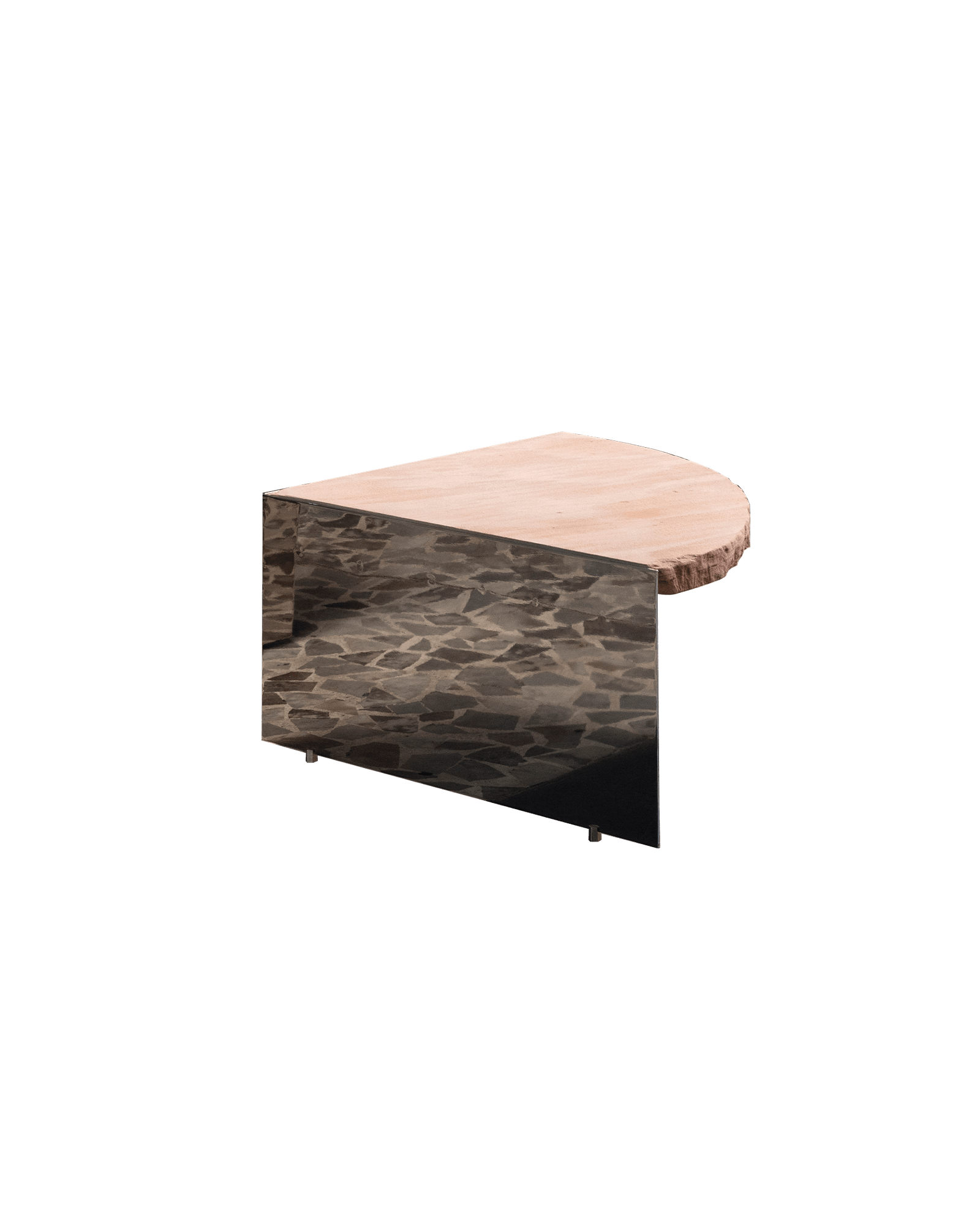Dois Irmãos Coffee Table, quarter-circle live-edge wood slab with dark reflective panel, Puro Tropical Legacy by Mobilia Puro