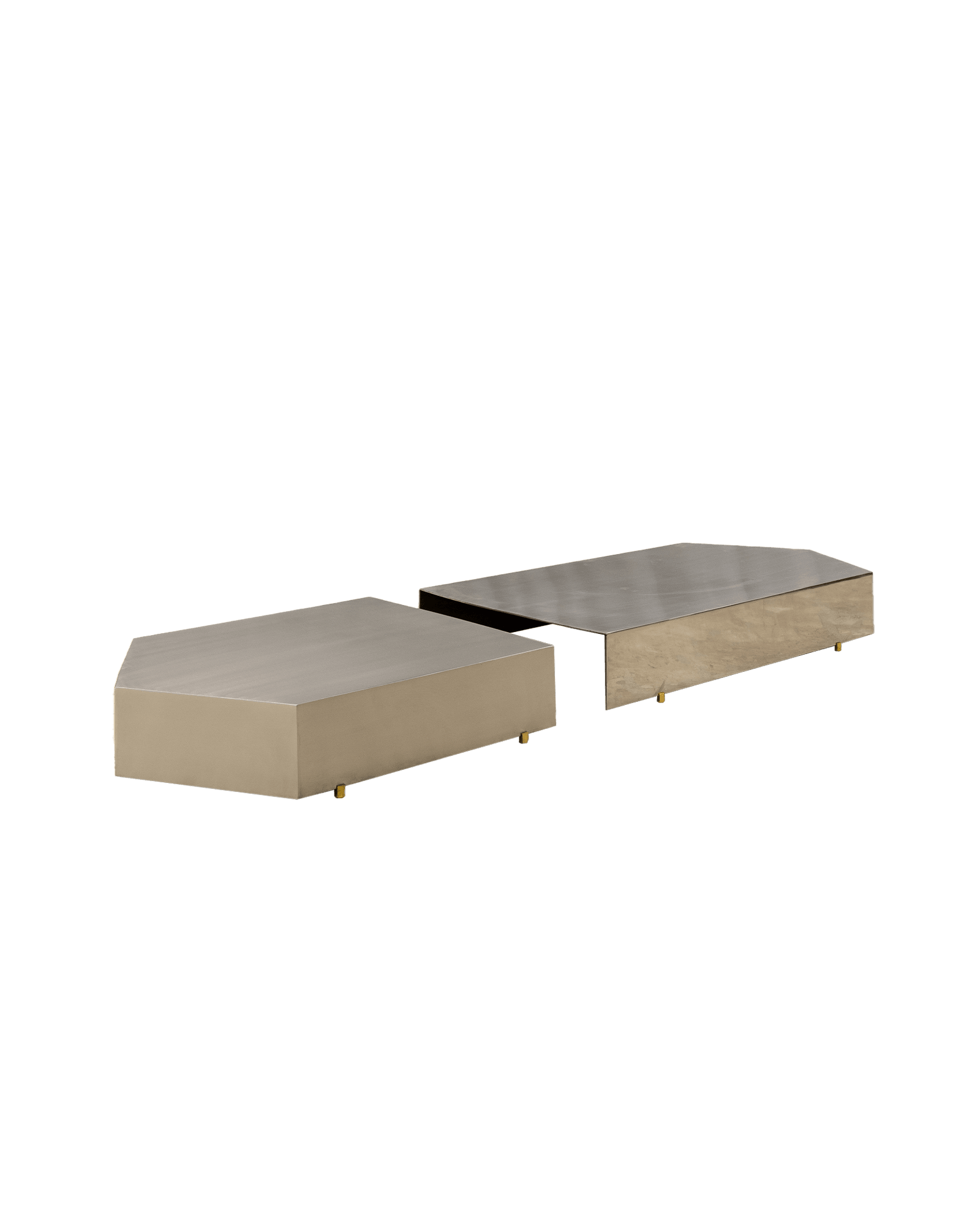 Mantiqueira two-piece coffee table, brushed silver metal on golden feet, Puro Tropical Legacy by Mobilia Puro