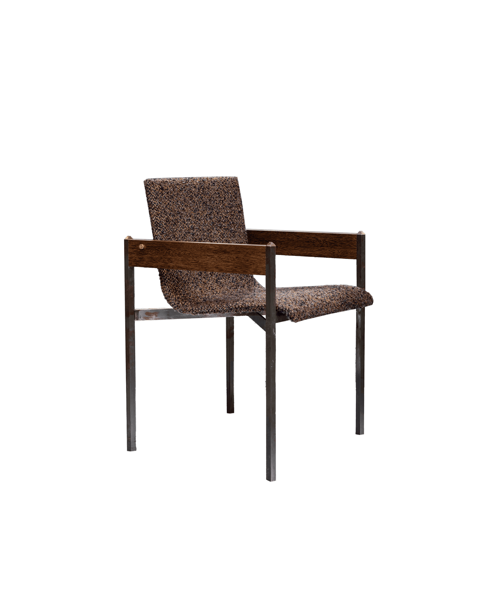 Veadeiros Chair, square dark metal frame with wood armrests and tweed upholstery, Puro Tropical Legacy by Mobilia Puro