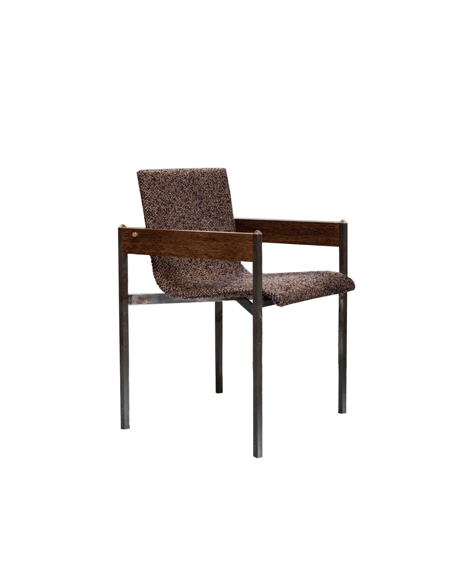 Veadeiros Chair, square dark metal frame with wood armrests and tweed upholstery, Puro Tropical Legacy by Mobilia Puro