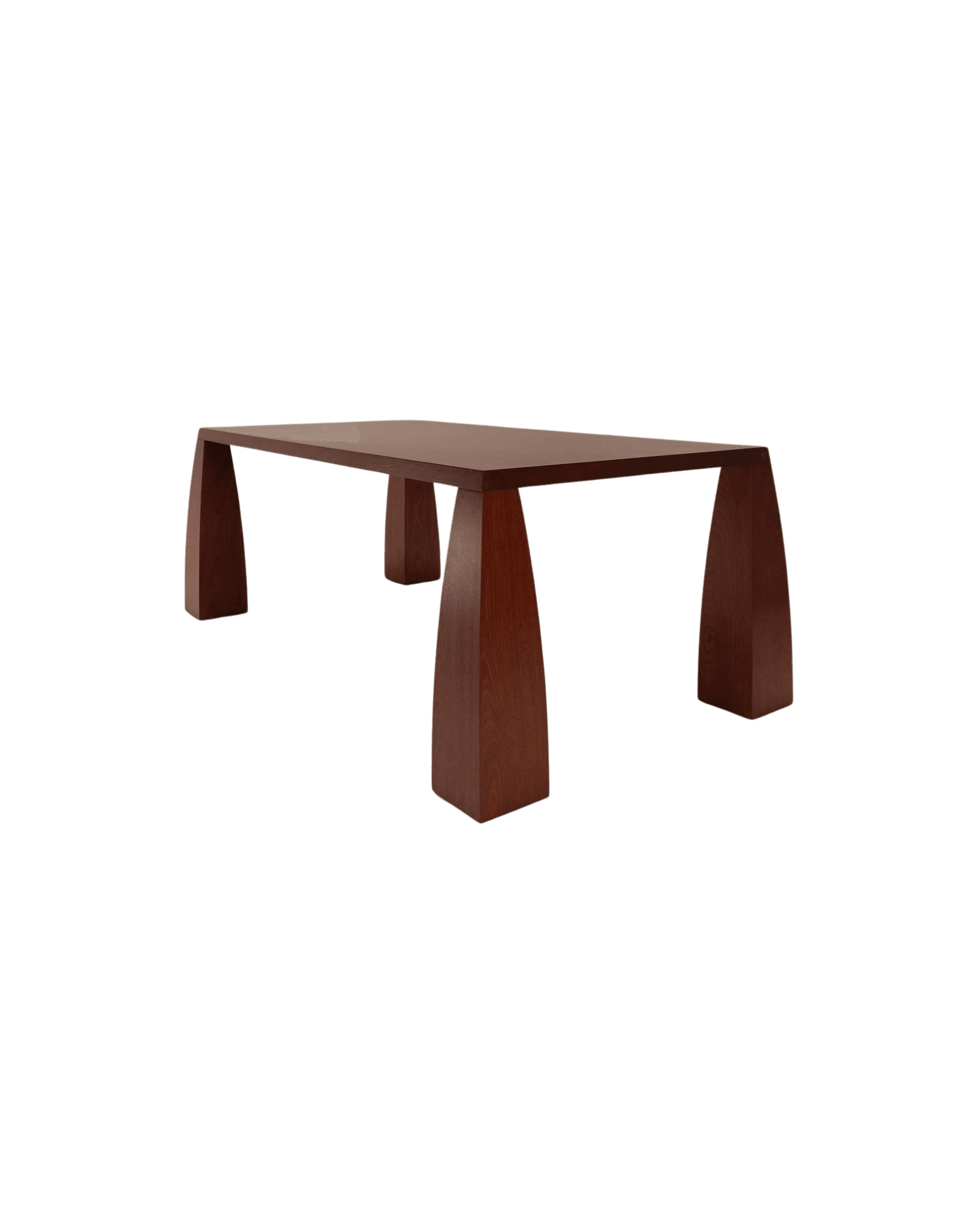 Khram dining table by Aède Studios, sculptural mahogany with tapered trapezoidal legs, Racines collection