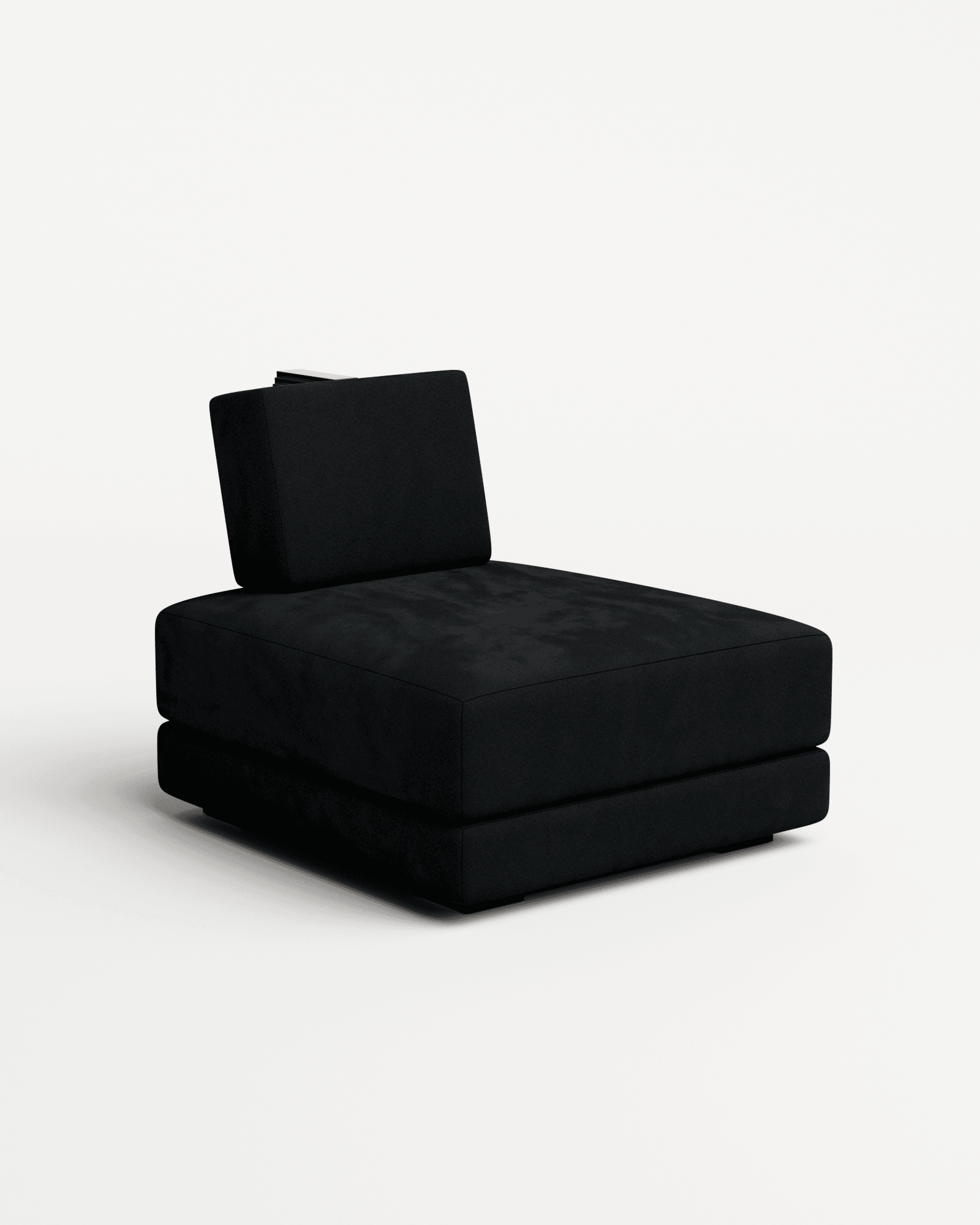 Rodez Armchair by Thomas Moisan – stacked rectangular blocks in black Nero velvet, low-profile lounge