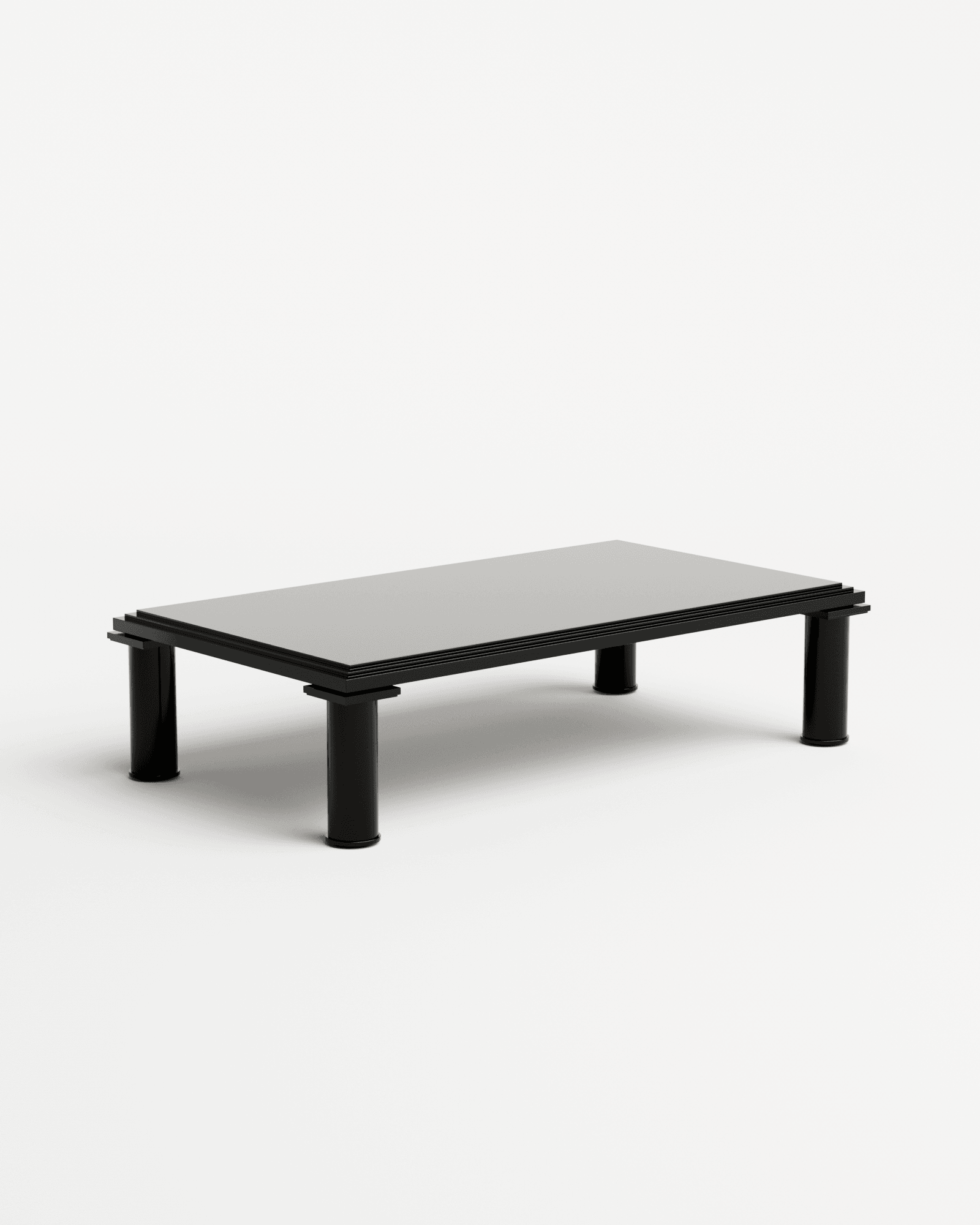 Rodez Coffee Table by Thomas Moisan – black cylindrical legs, dark lacquered top, stepped corner joints