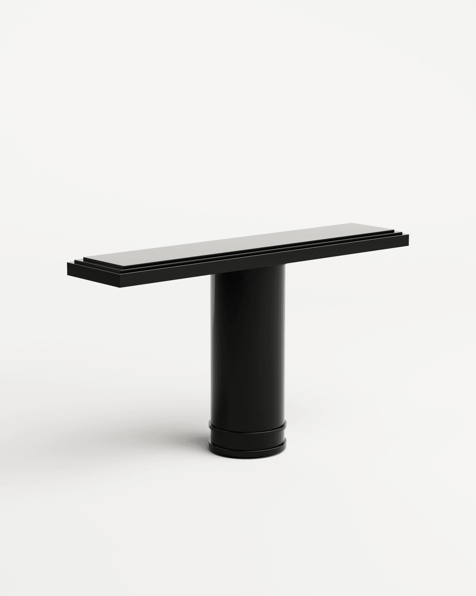 Rodez Console by Thomas Moisan – cylindrical black metal pedestal, dark reflective lacquered top