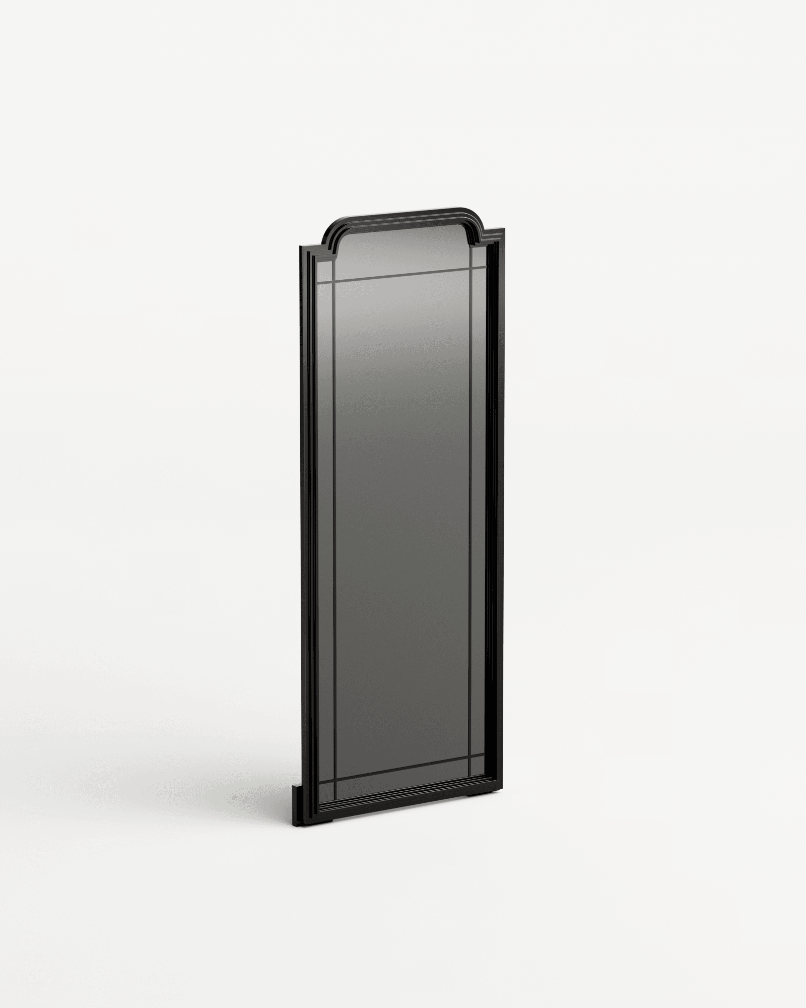 Rodez Mirror by Thomas Moisan – stepped black metal frame, arched top and dark grey glass panel