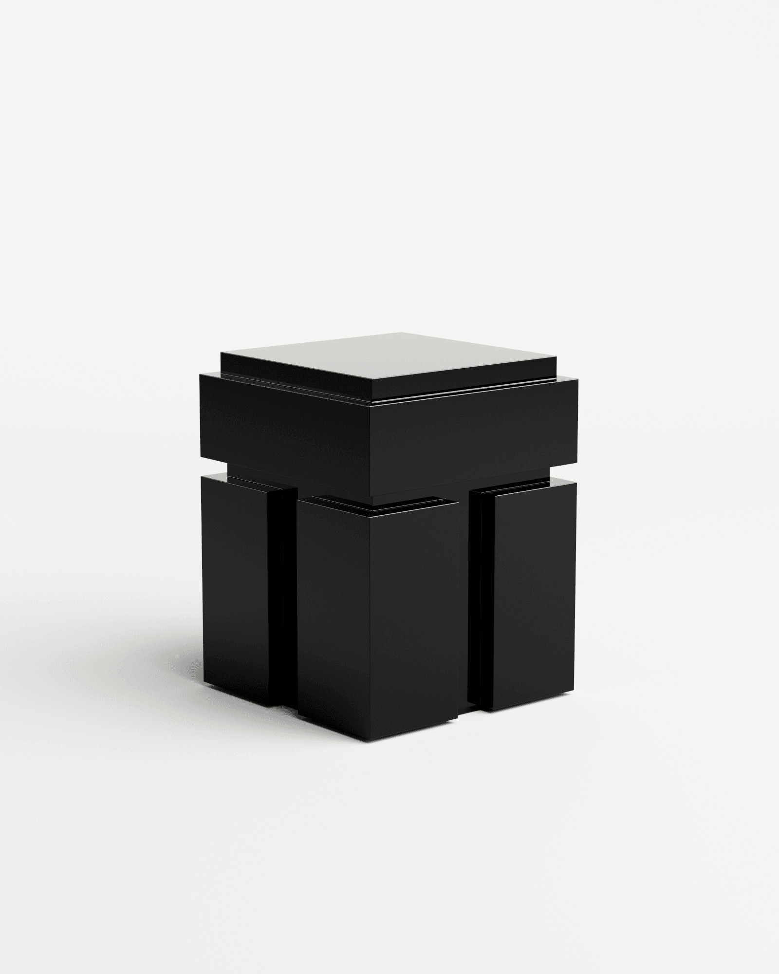 Rodez Side Table by Thomas Moisan – tiered black lacquered volumes, high-gloss geometric structure