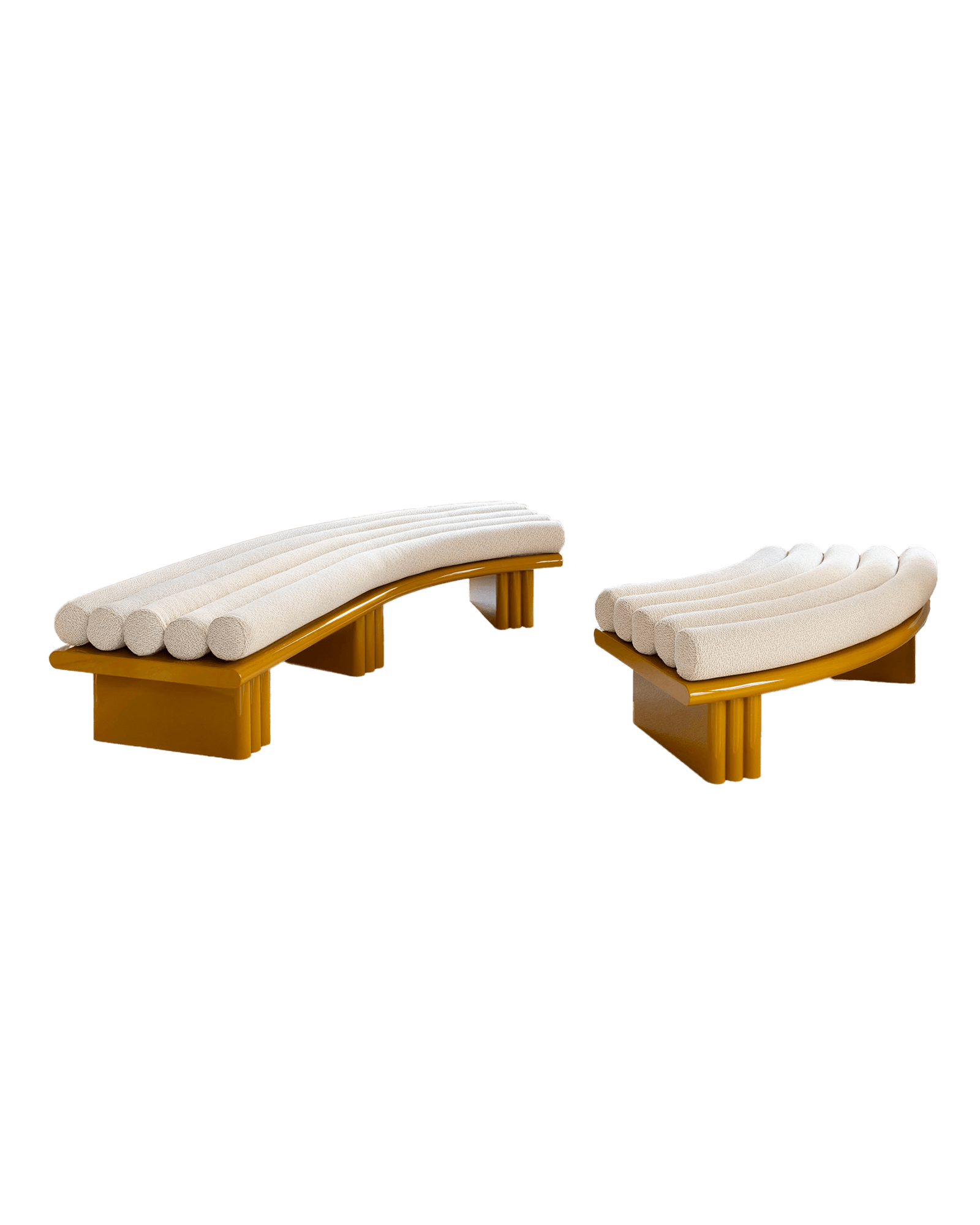 Virage Bench by Sabourin Costes, mustard yellow lacquered base, upholstered cylindrical cushions
