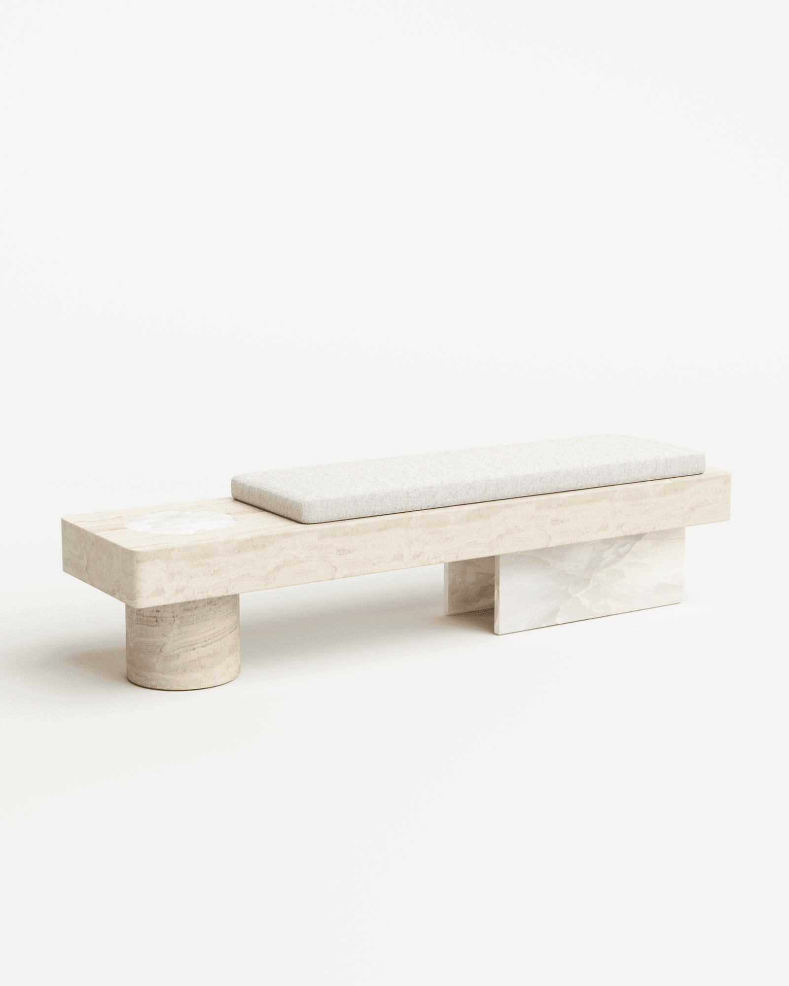 Salvante BS1 bench by Piotr Dabrowa, travertine top with linen cushion, asymmetric cylindrical and slab stone base