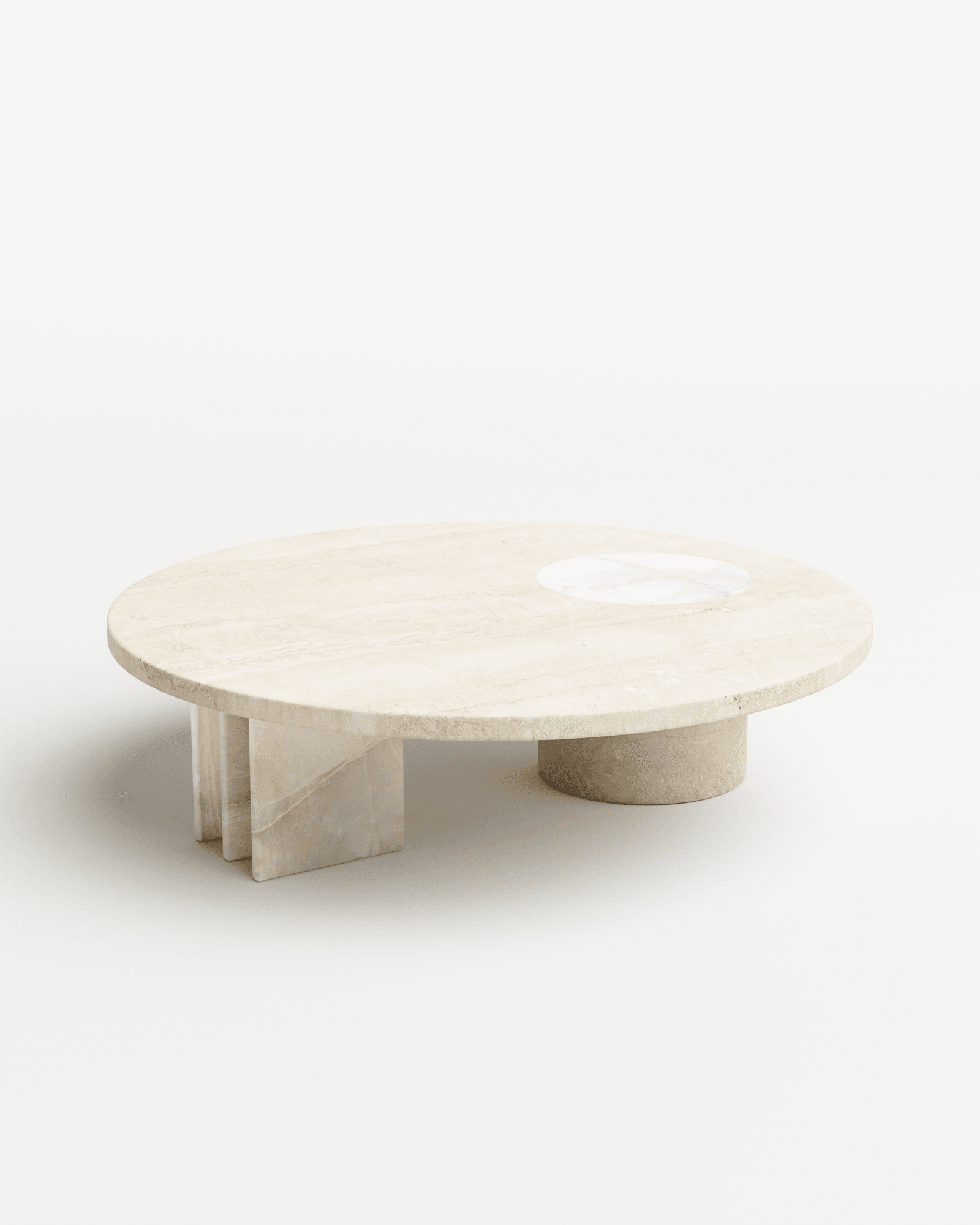 Salvante C1 coffee table by Piotr Dabrowa, round travertine on asymmetric base of stone slabs and cylinder with onyx inlay