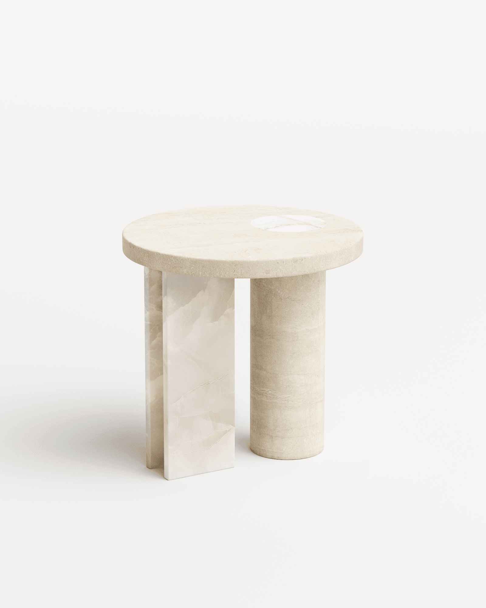 Salvante S1 side table by Piotr Dabrowa, round travertine top on asymmetric onyx slab and cylinder legs with onyx inlay