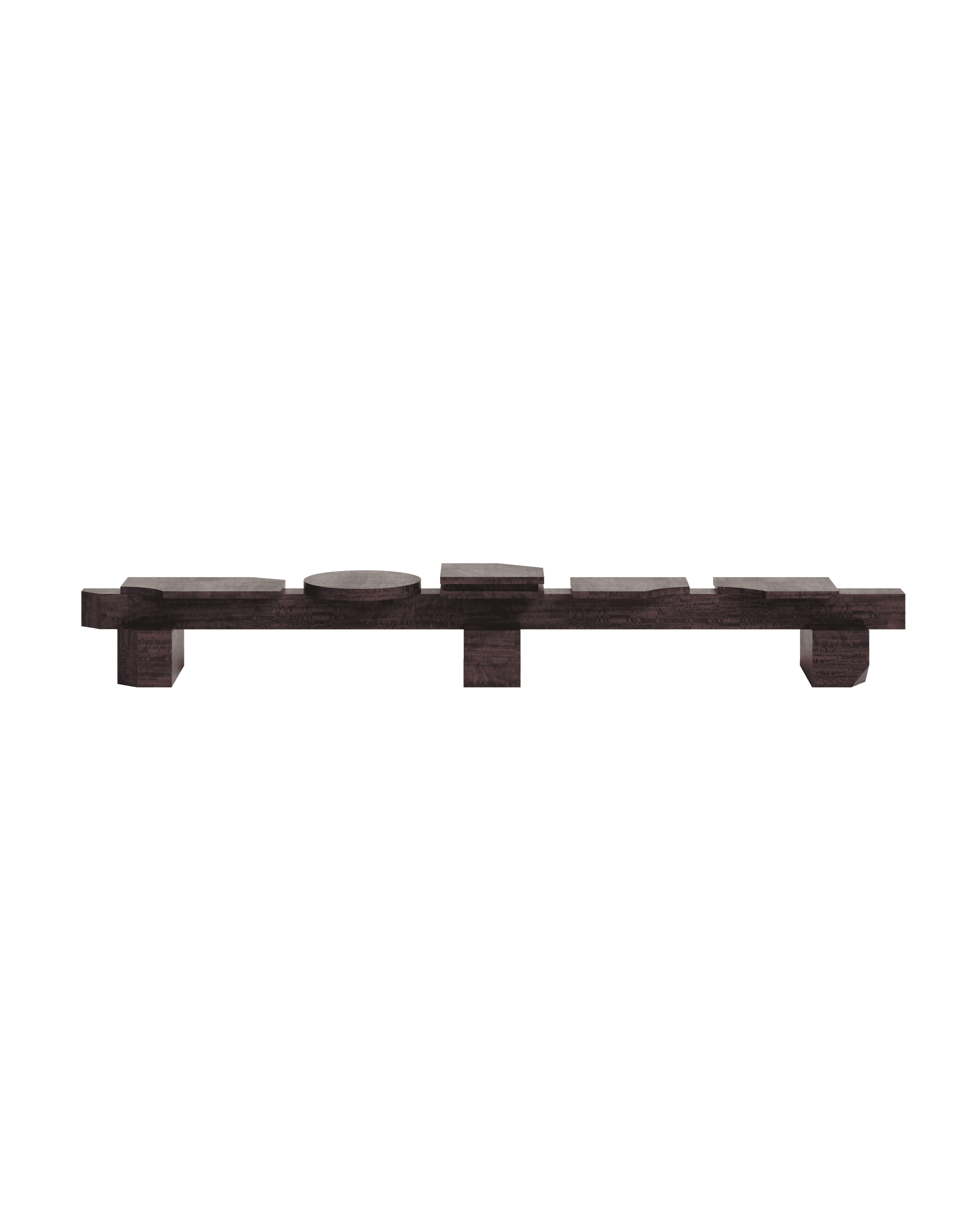 SSB01L Bench by Sashaxsasha – dark eucalyptus veneer, five asymmetric platforms at varying heights