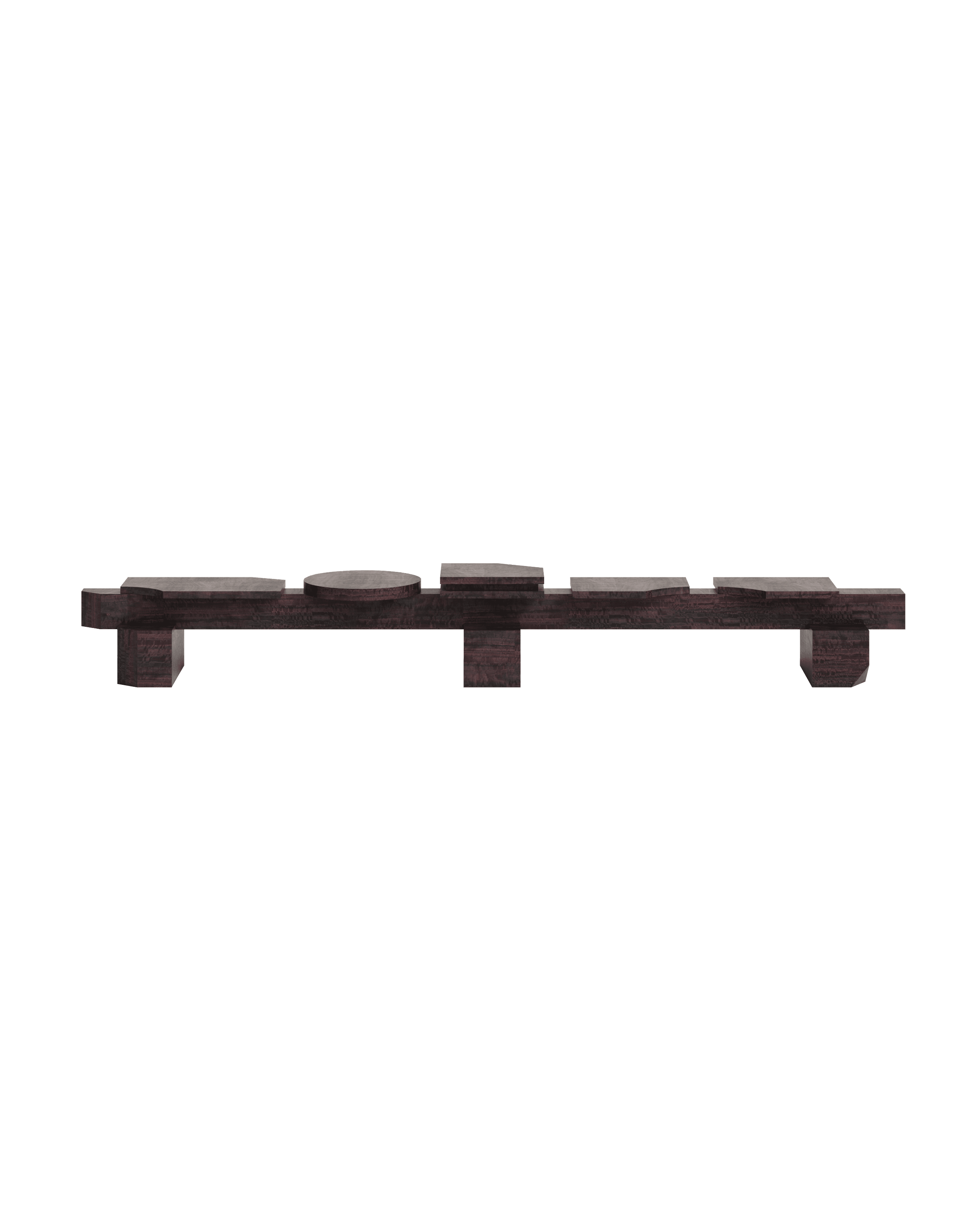 SSB01L Bench by Sashaxsasha – dark eucalyptus veneer, five asymmetric platforms at varying heights