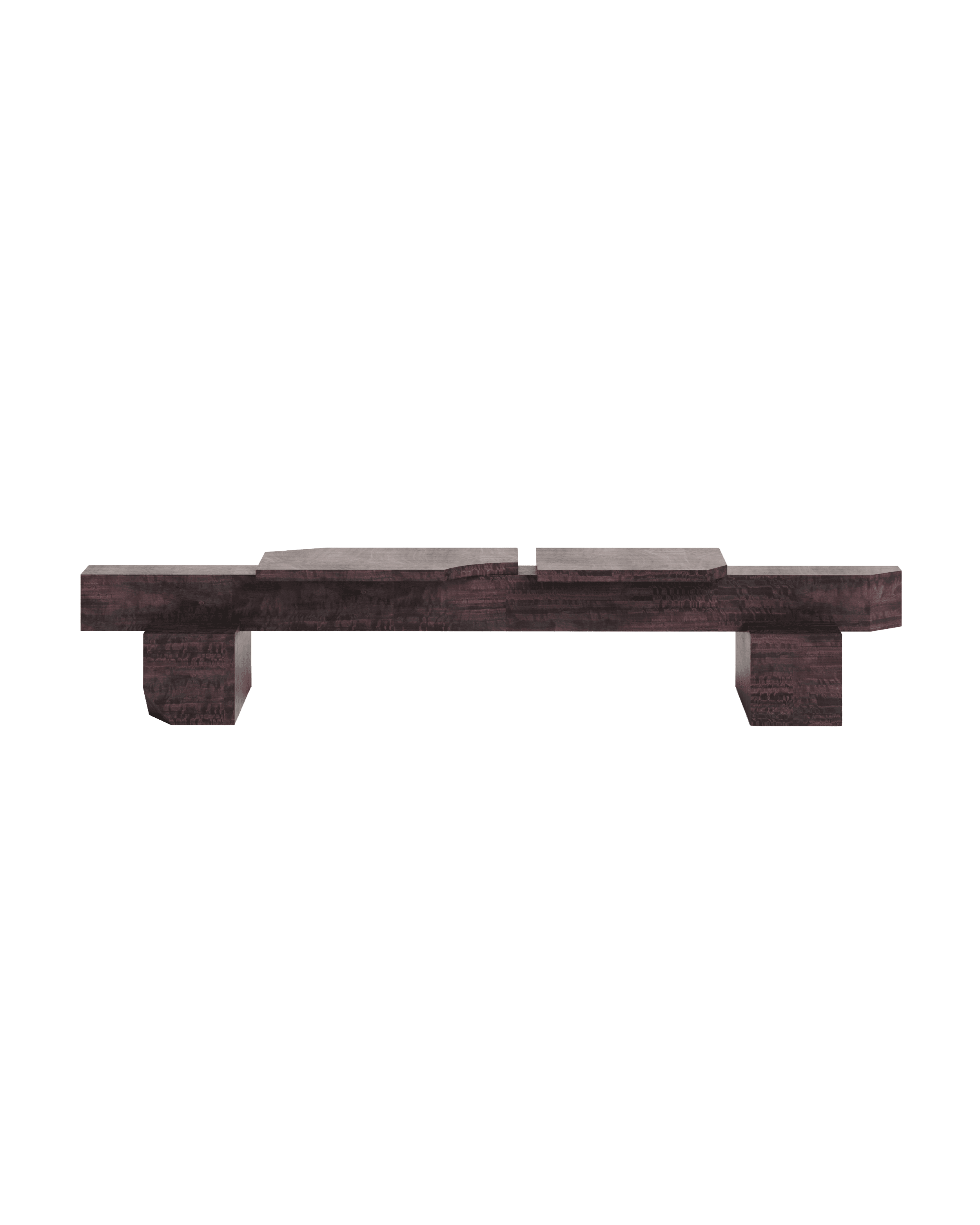 SSBO1W Bench by Sashaxsasha – burgundy eucalyptus veneer, low rectilinear form with central notch