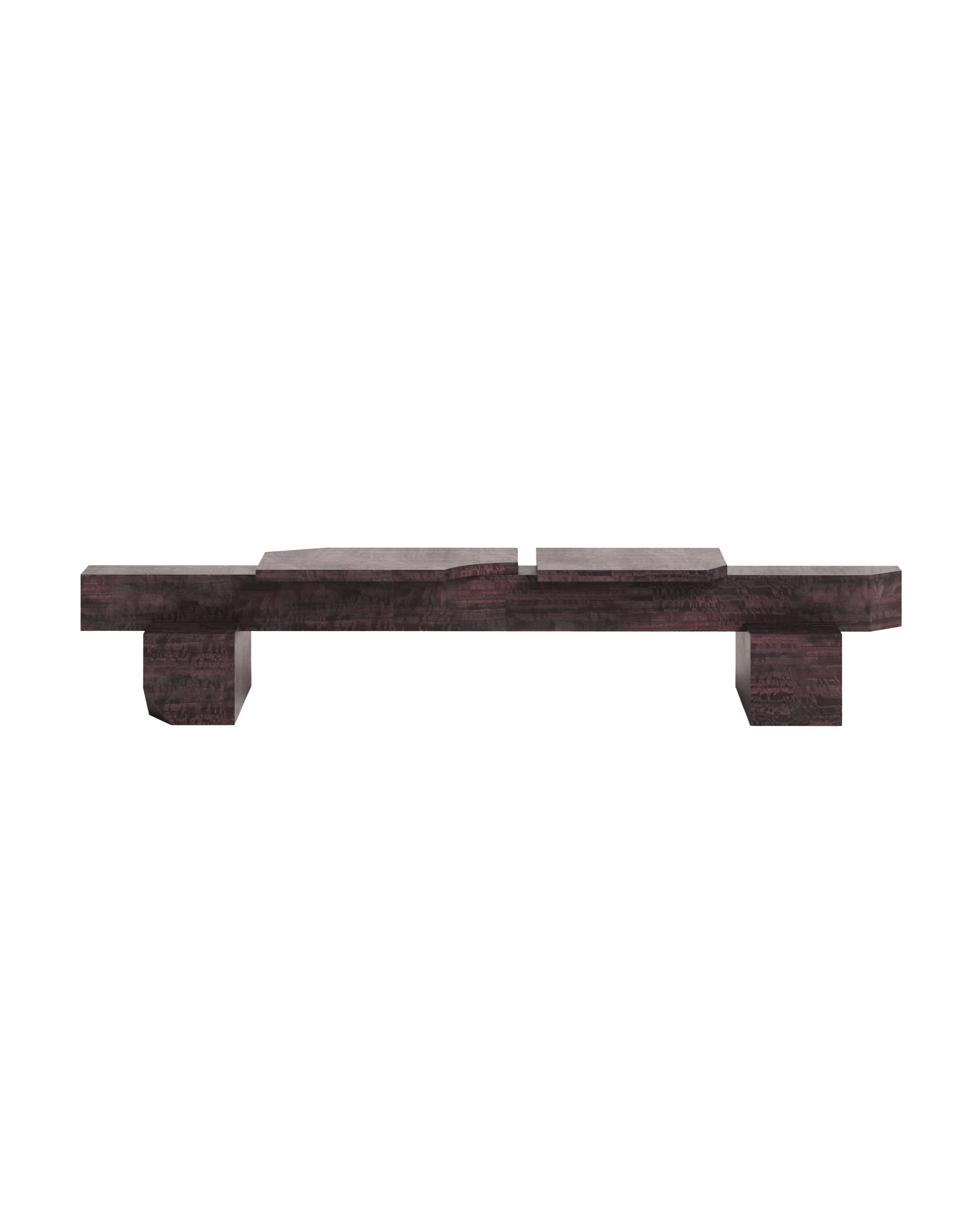 SSBO1W Bench by Sashaxsasha – burgundy eucalyptus veneer, low rectilinear form with central notch