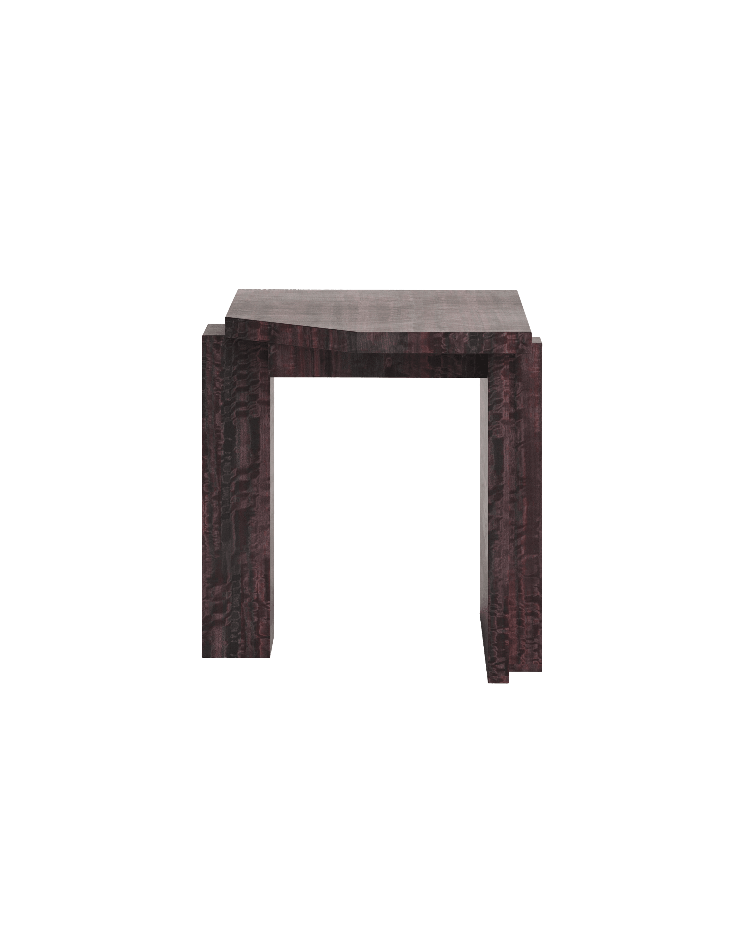 SSS01W Stool Left by Sashaxsasha – burgundy eucalyptus veneer, U-shaped form, asymmetric stepped support