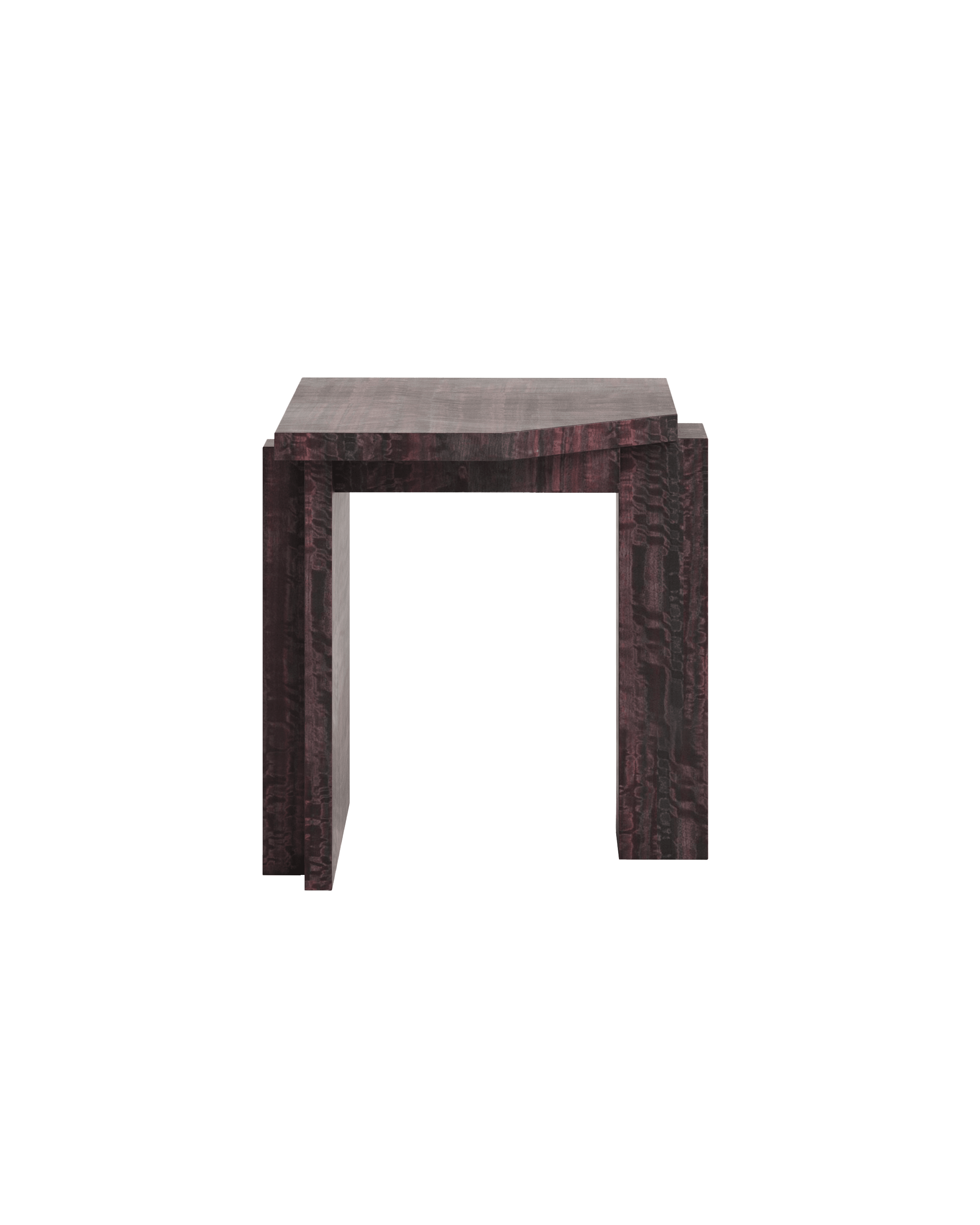 SSS01W Stool Right by Sashaxsasha – burgundy eucalyptus veneer, cantilevered top with deep wavy grain