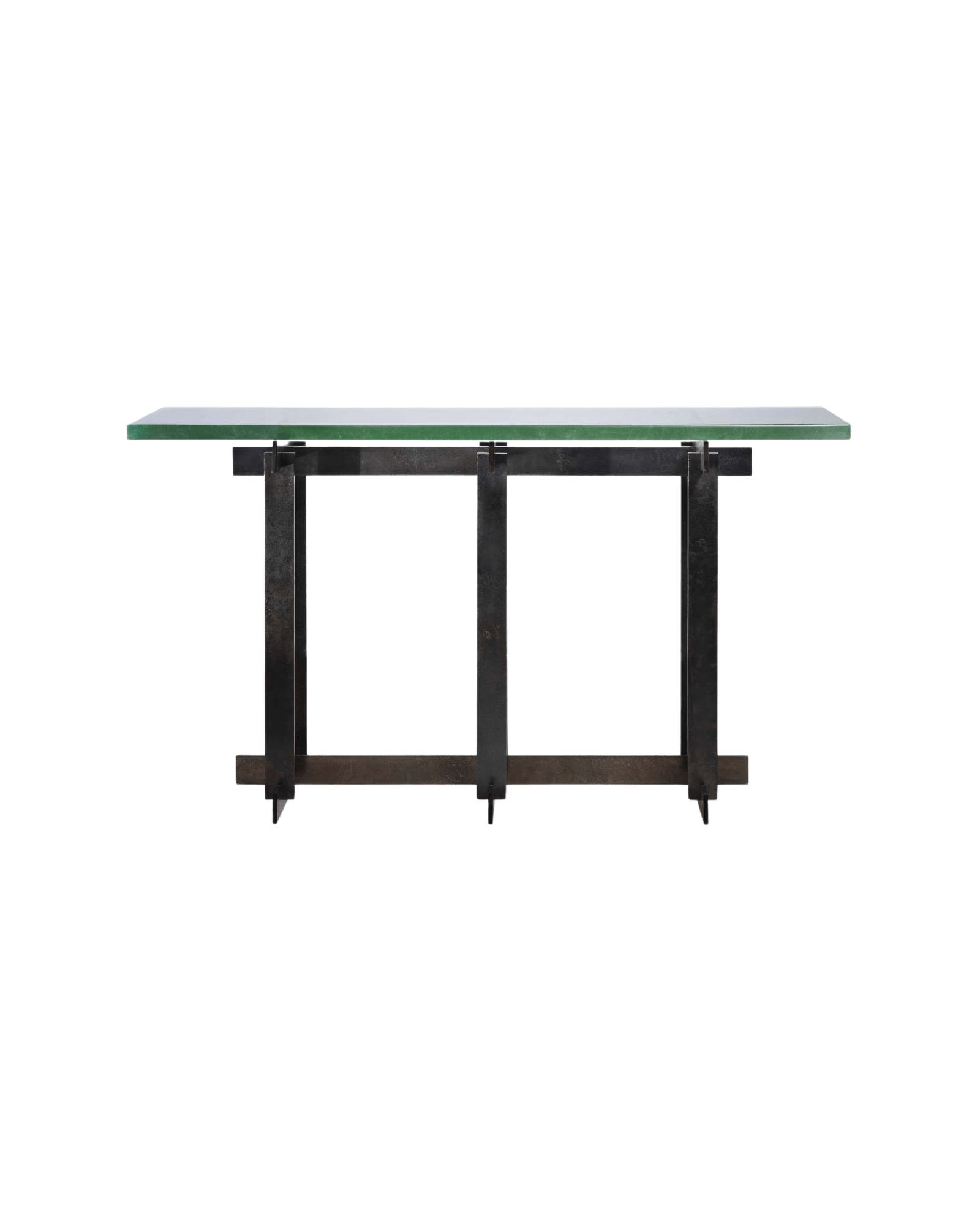 Lava Console by SB26 - green-tinted glass top on dark steel three-frame architectural base