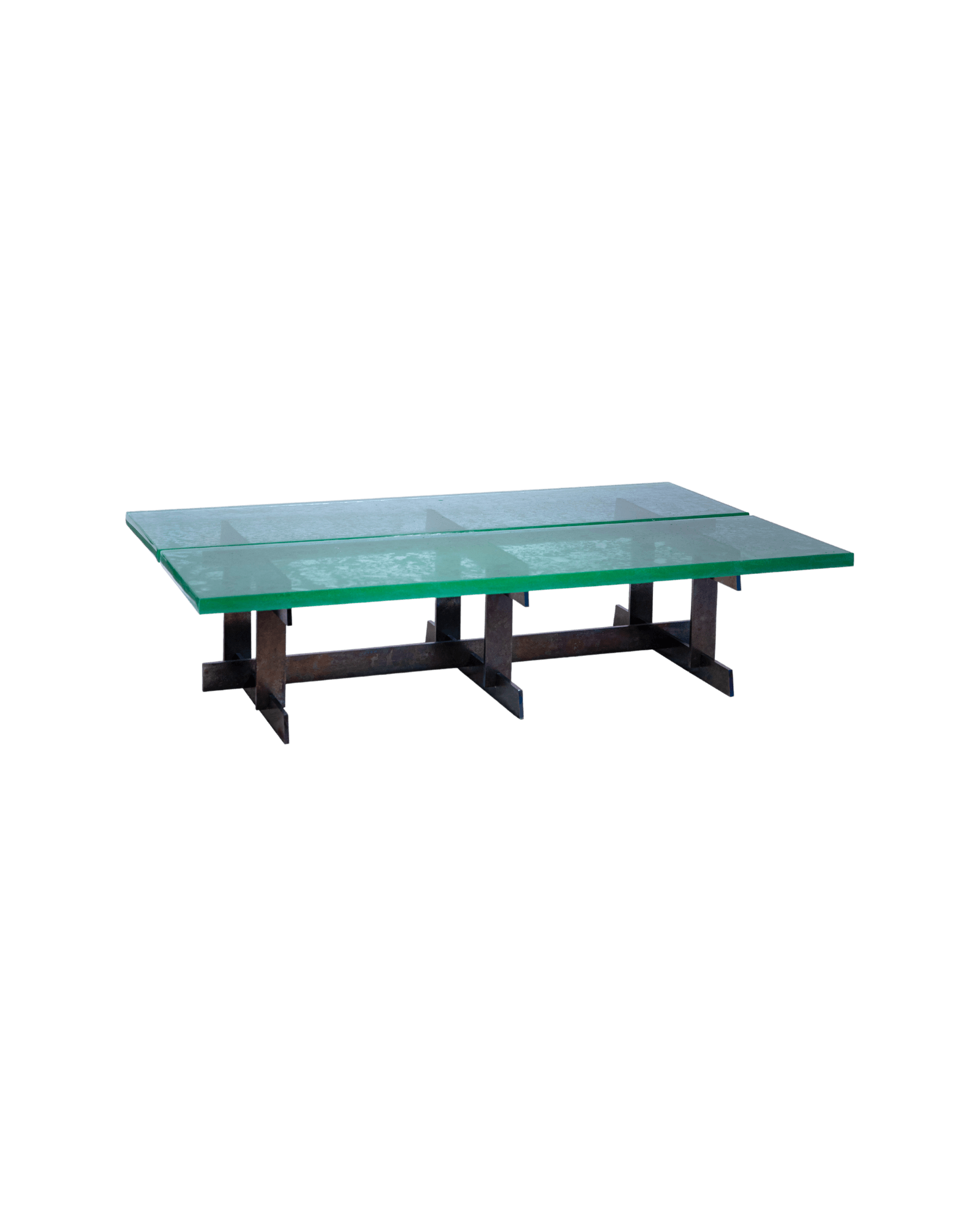 Lava Low Table by SB26 - thick green glass top on dark hot-rolled steel architectural base