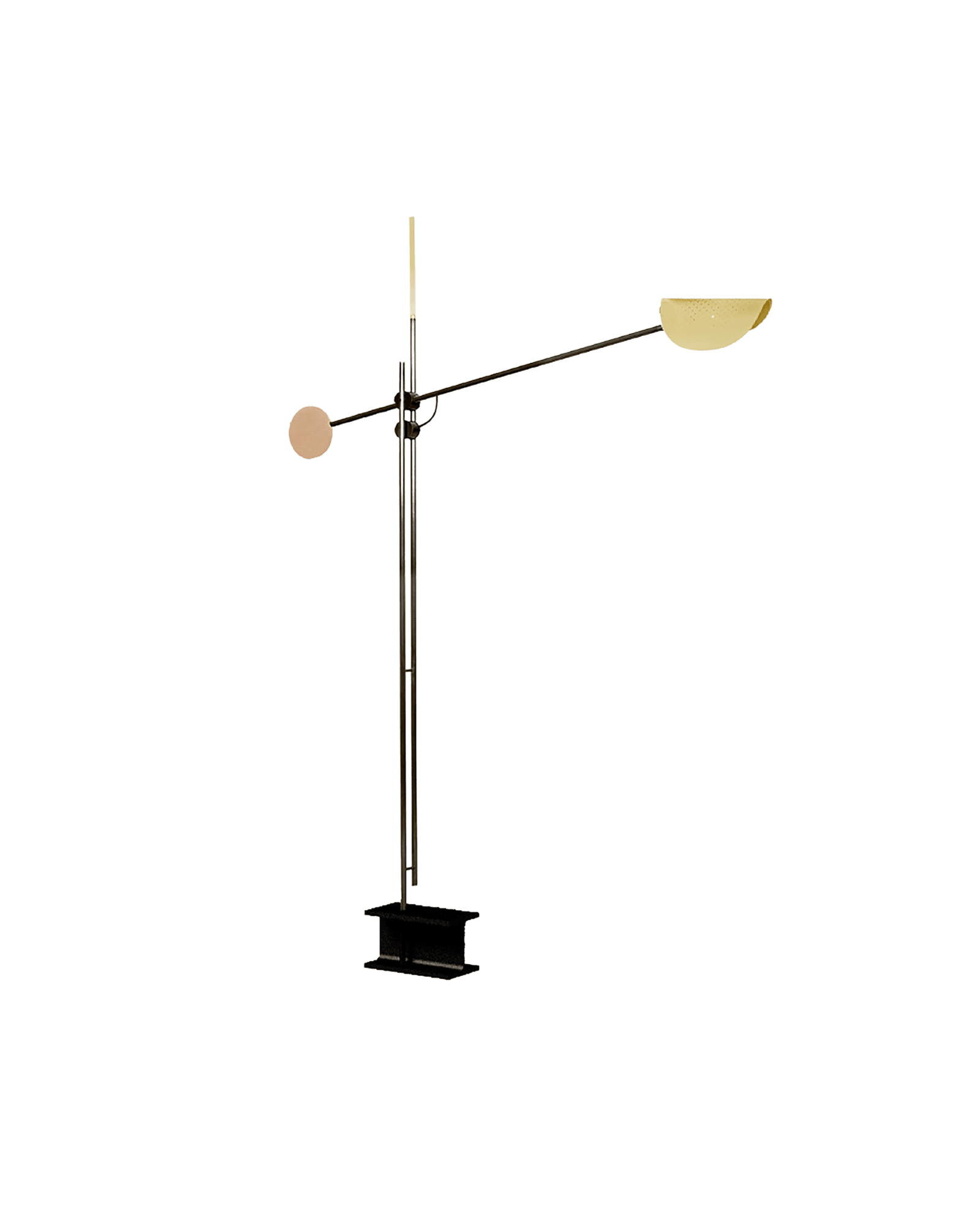 Moon Floor Lamp by SB26 - steel I-beam base with cantilevered arm and gold patinated copper semi-circular shade