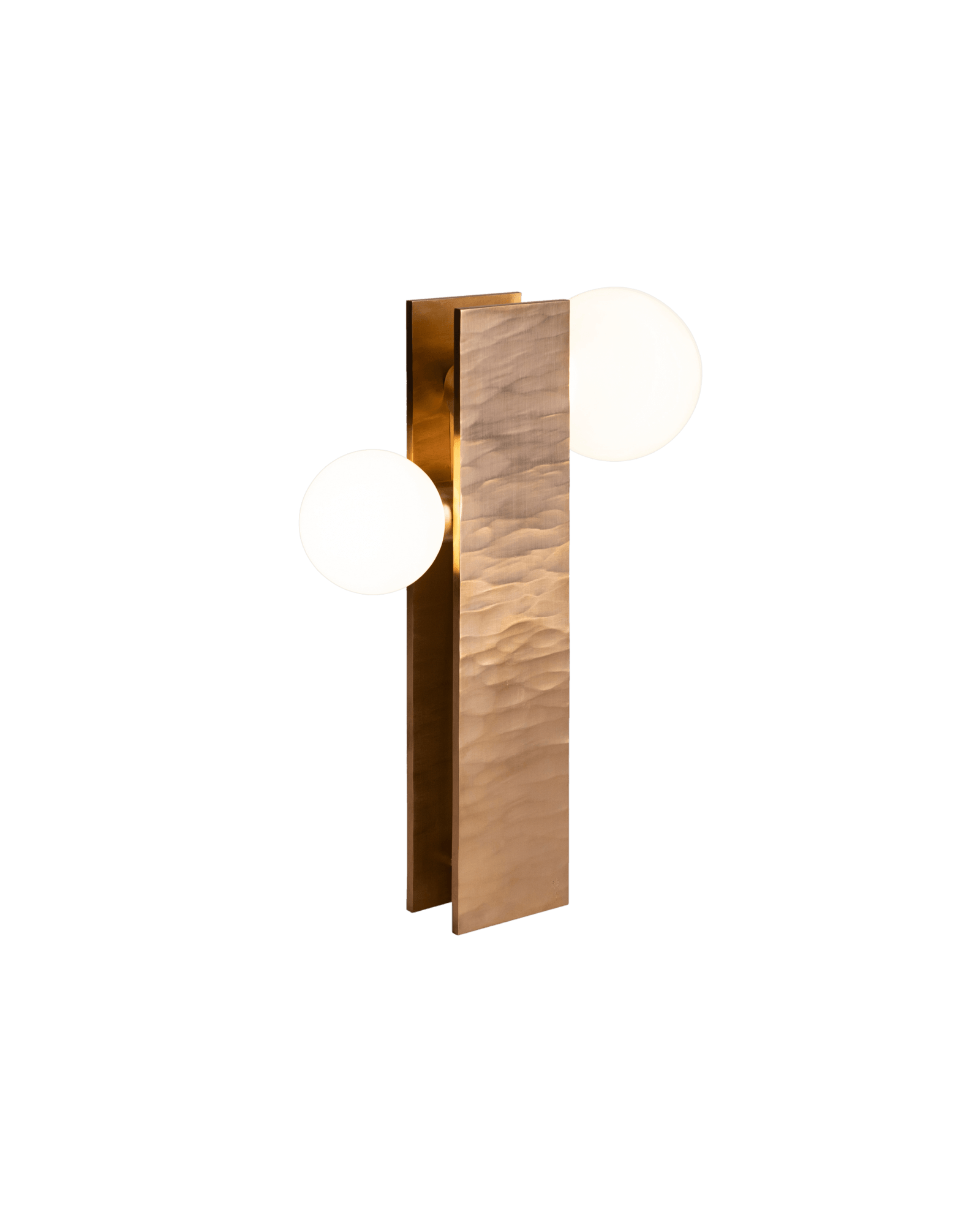 Palma Table Lamp by SB26 - hammered brass body with two spherical white glass diffusers