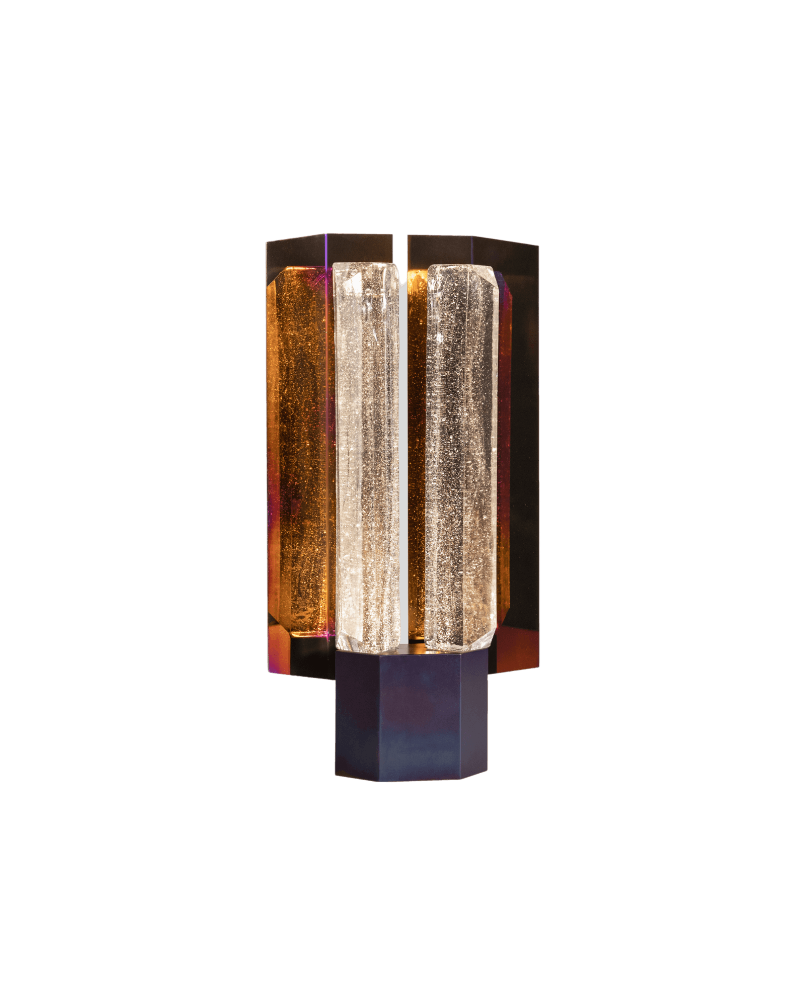 Rigel Table Lamp M by SB26 - iridescent glass panels on hexagonal brass base, illuminated columns