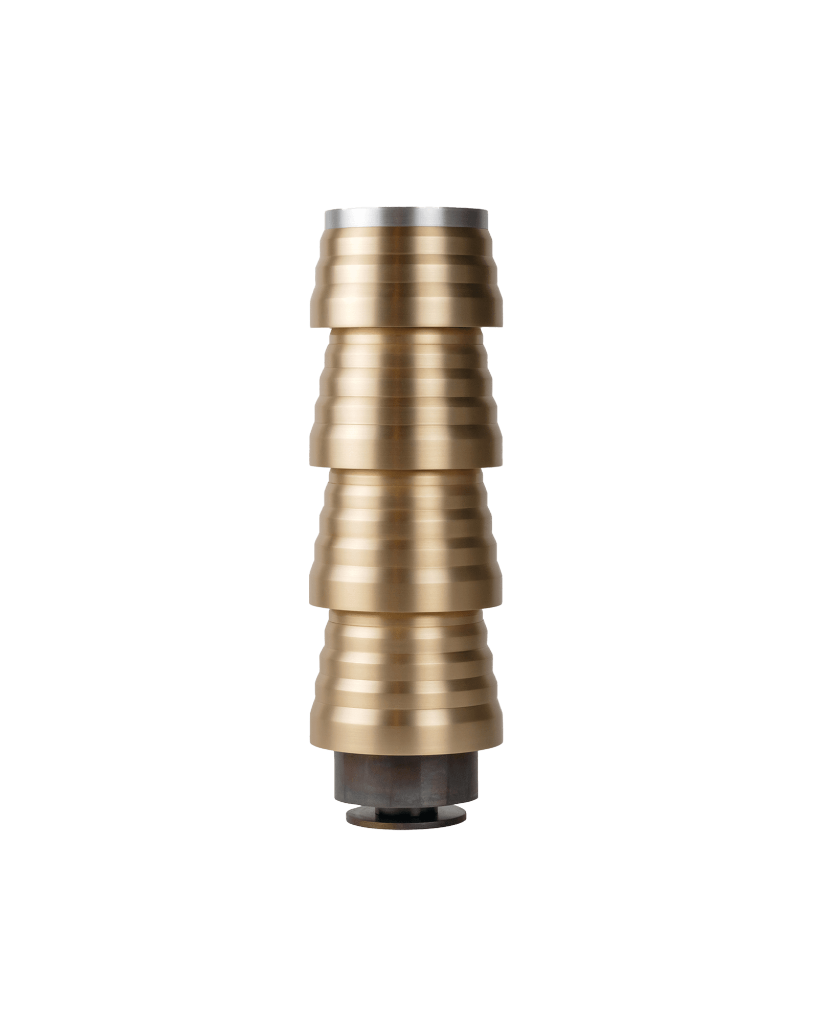 Bell Vase by SB26 - stacked golden brass ribbed cone sections with silver ring cap on dark cylindrical base