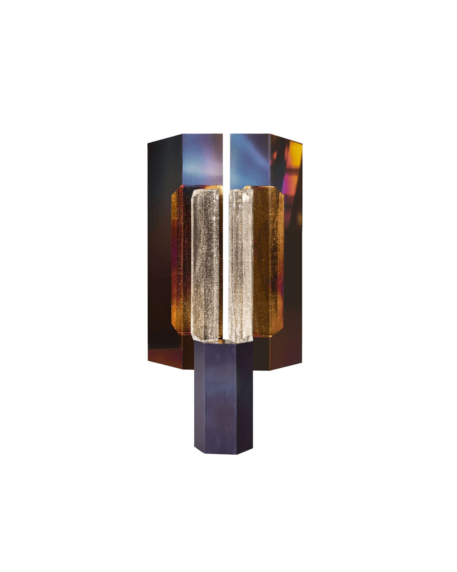 Rigel Table Lamp L by SB26 - large iridescent glass panels in blue and violet on dark multi-faceted base
