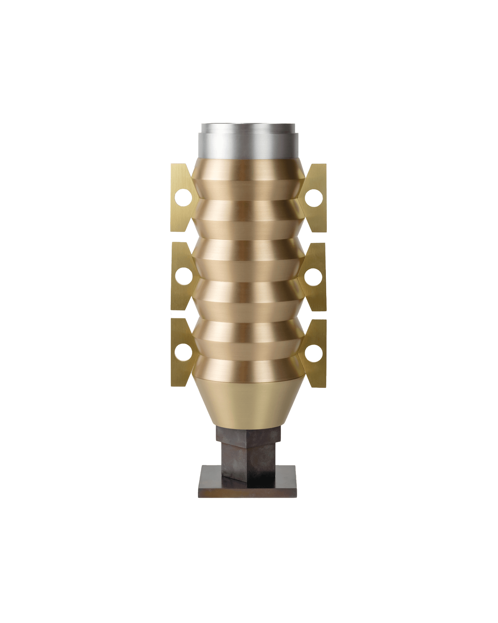 Wings Vase by SB26 - brass cylindrical vase with ribbed barrel segments and bronze wing elements