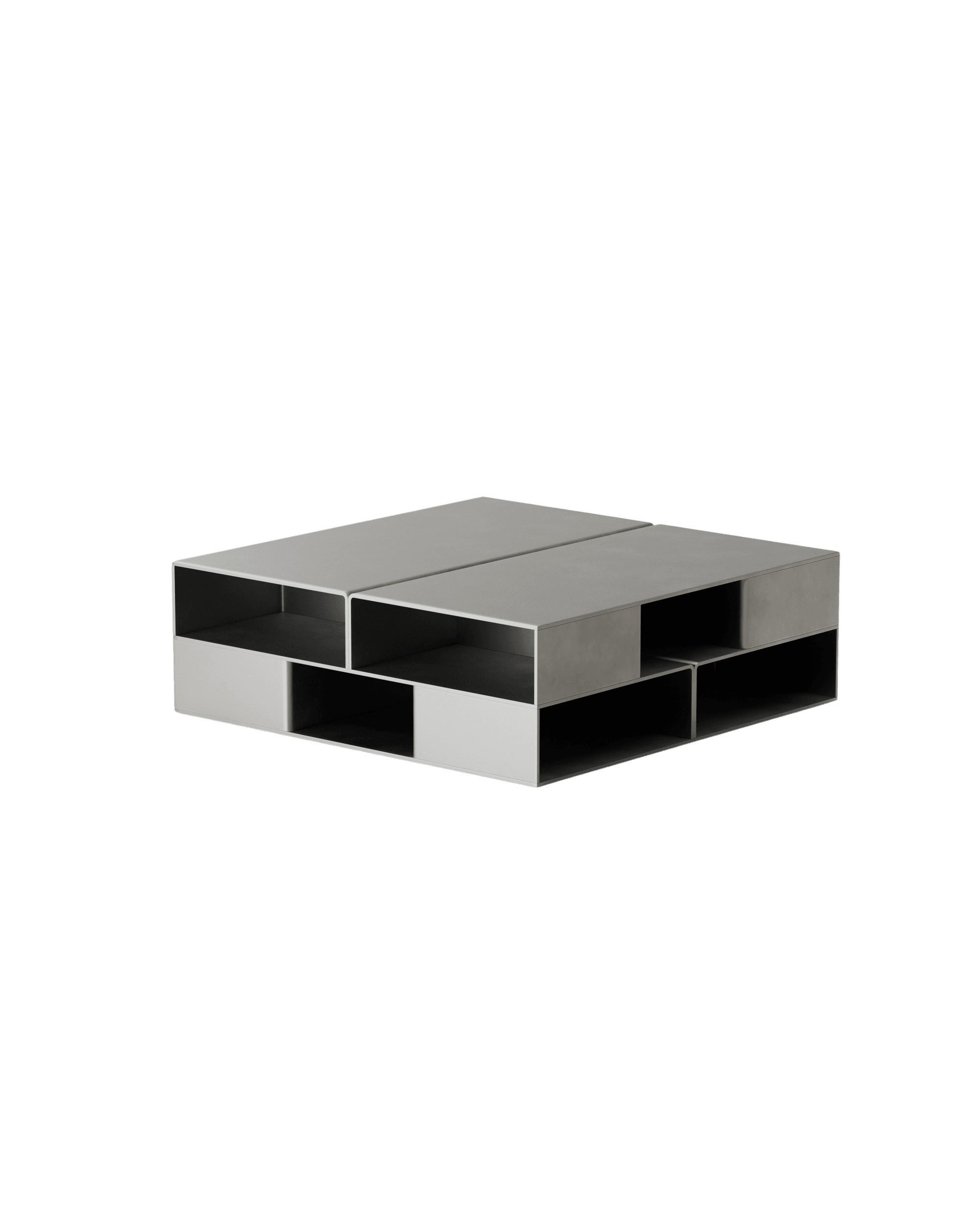 Section Coffee Table by Paul Coenen – rectilinear light-grey metal coffee table with open cubbies and solid compartments