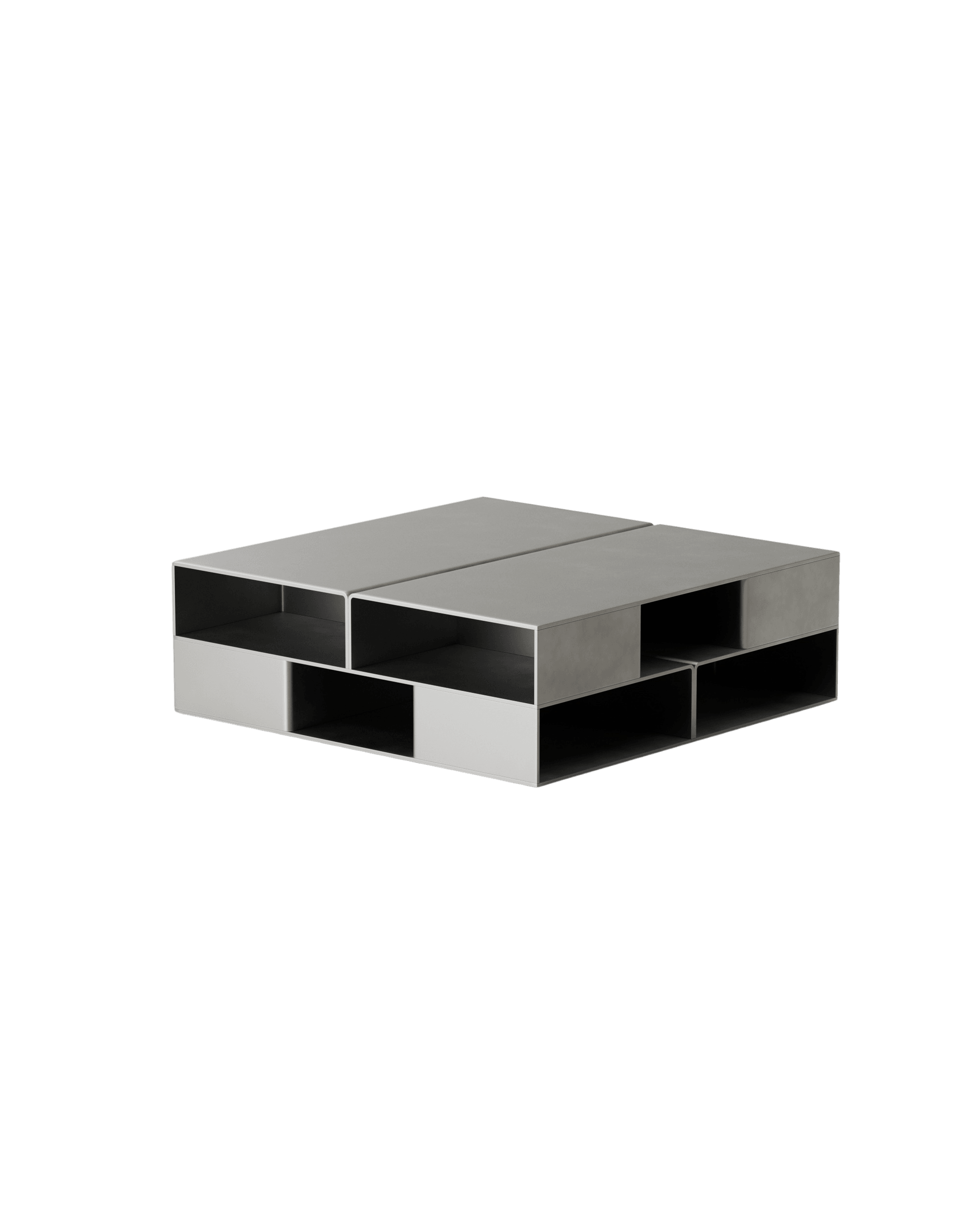 Section Coffee Table by Paul Coenen – rectilinear light-grey metal coffee table with open cubbies and solid compartments