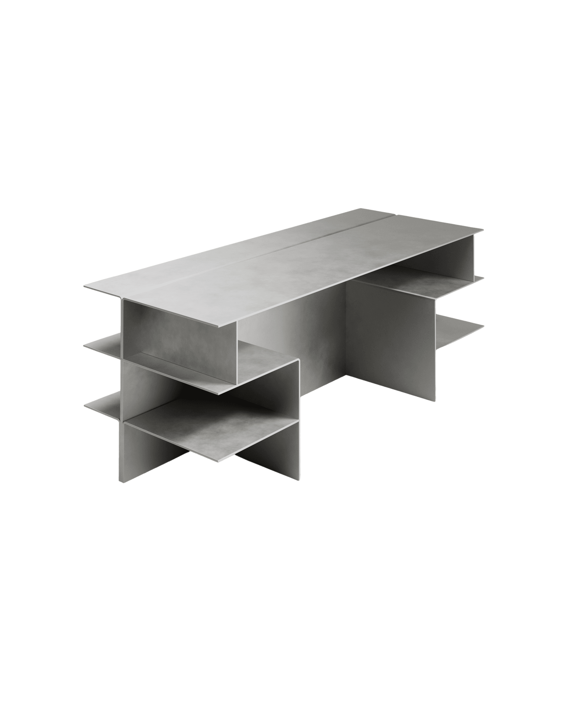 Section Desk by Paul Coenen - light grey textured metal desk, interconnected panel form with open shelving
