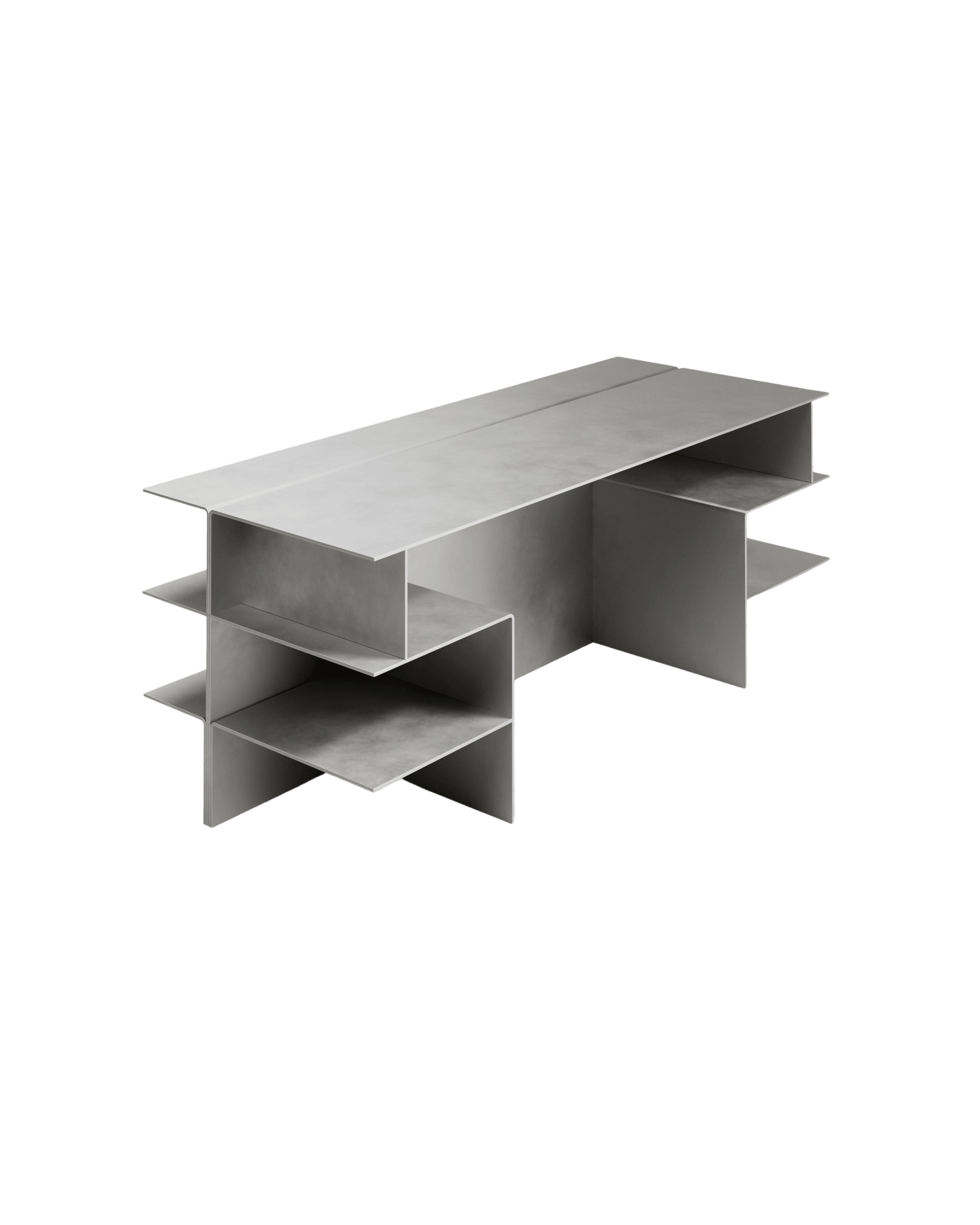 Section Desk by Paul Coenen - light grey textured metal desk, interconnected panel form with open shelving